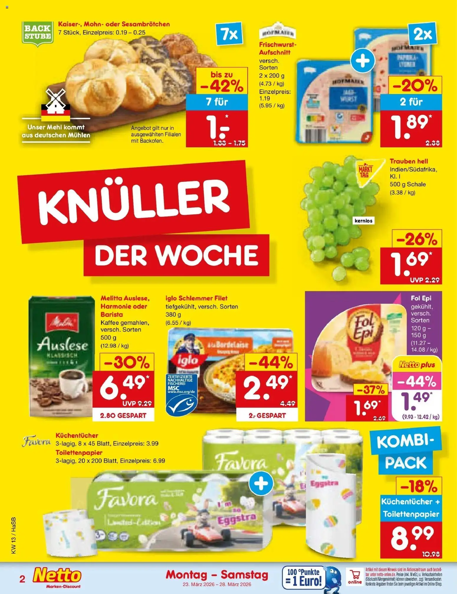 Netto Marken-Discount Prospekt Wuppertal	 – gültig ab 23.03.2026 | Seite: 2 | Produkte: Melitta, Mehl, Kaffee, Iglo