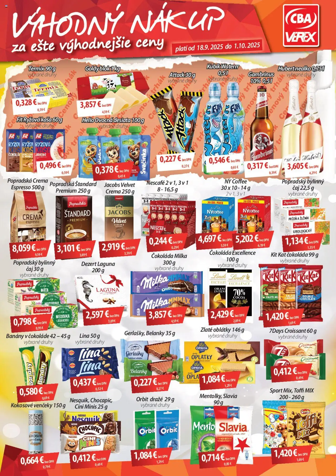 Nové CBA Verex akcie – leták je platný od 18.09.2025 | Strana: 1 | Produkty: Croissant, Čokoláda, Cini Minis, Milka