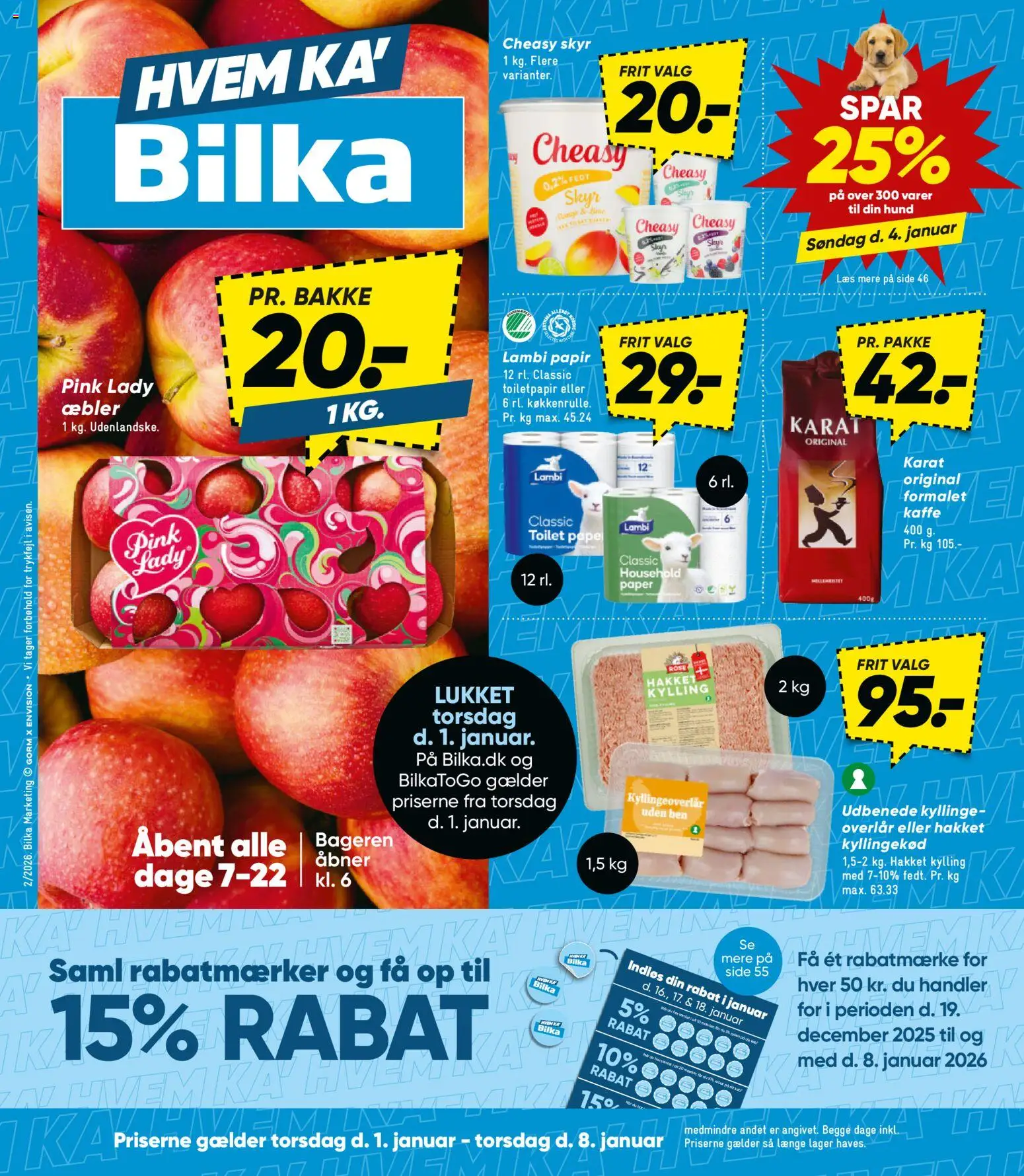 Bilka tilbudsavis – gyldig fra 01.01.2026 | Side: 1 | Produkter: Kaffe, Kyllingekød, Æbler, Toilet