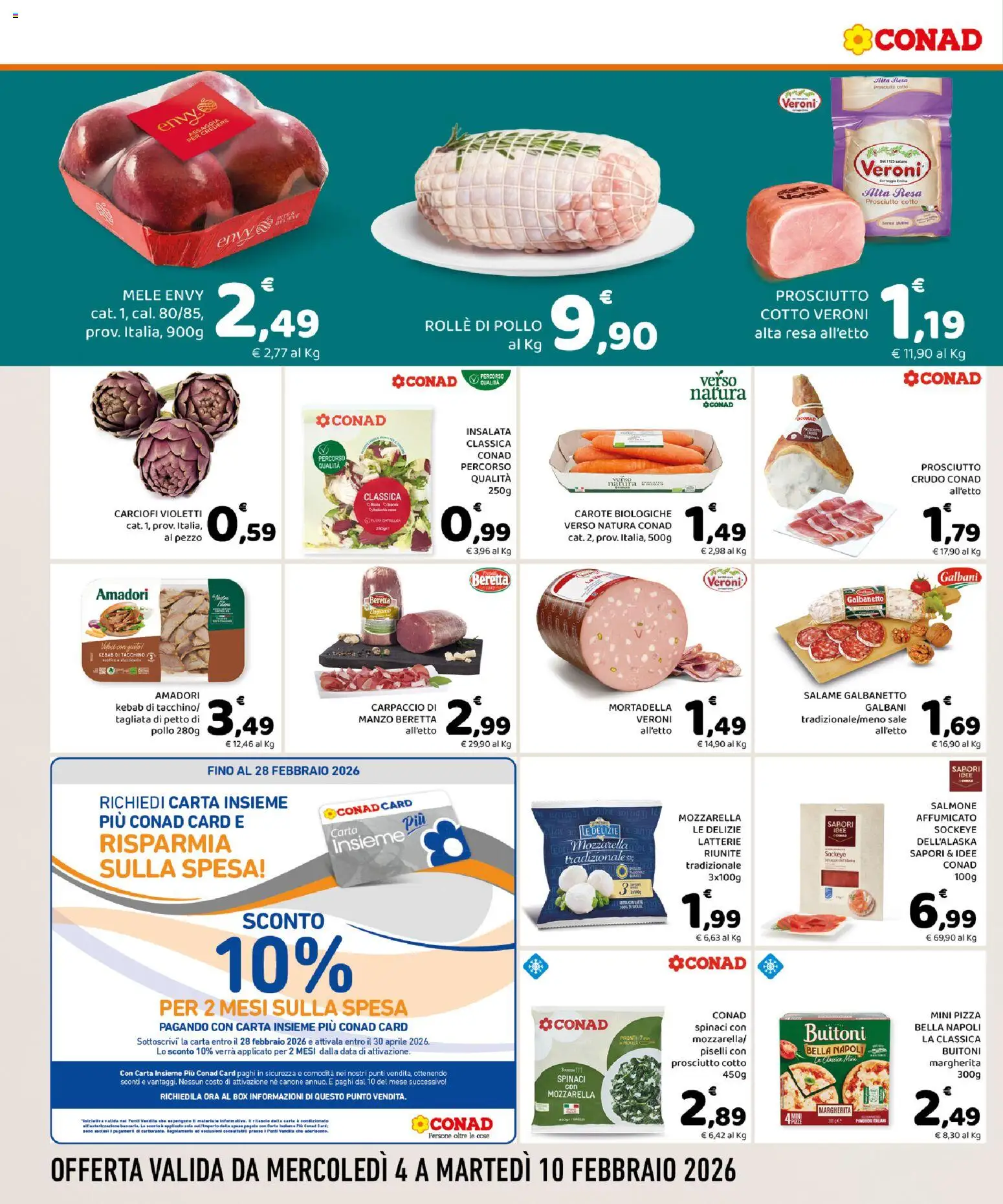 Volantino Conad del 04.02.2026 | Pagina: 2 | Prodotti: Prosciutto Cotto, Insalata, Carote, The