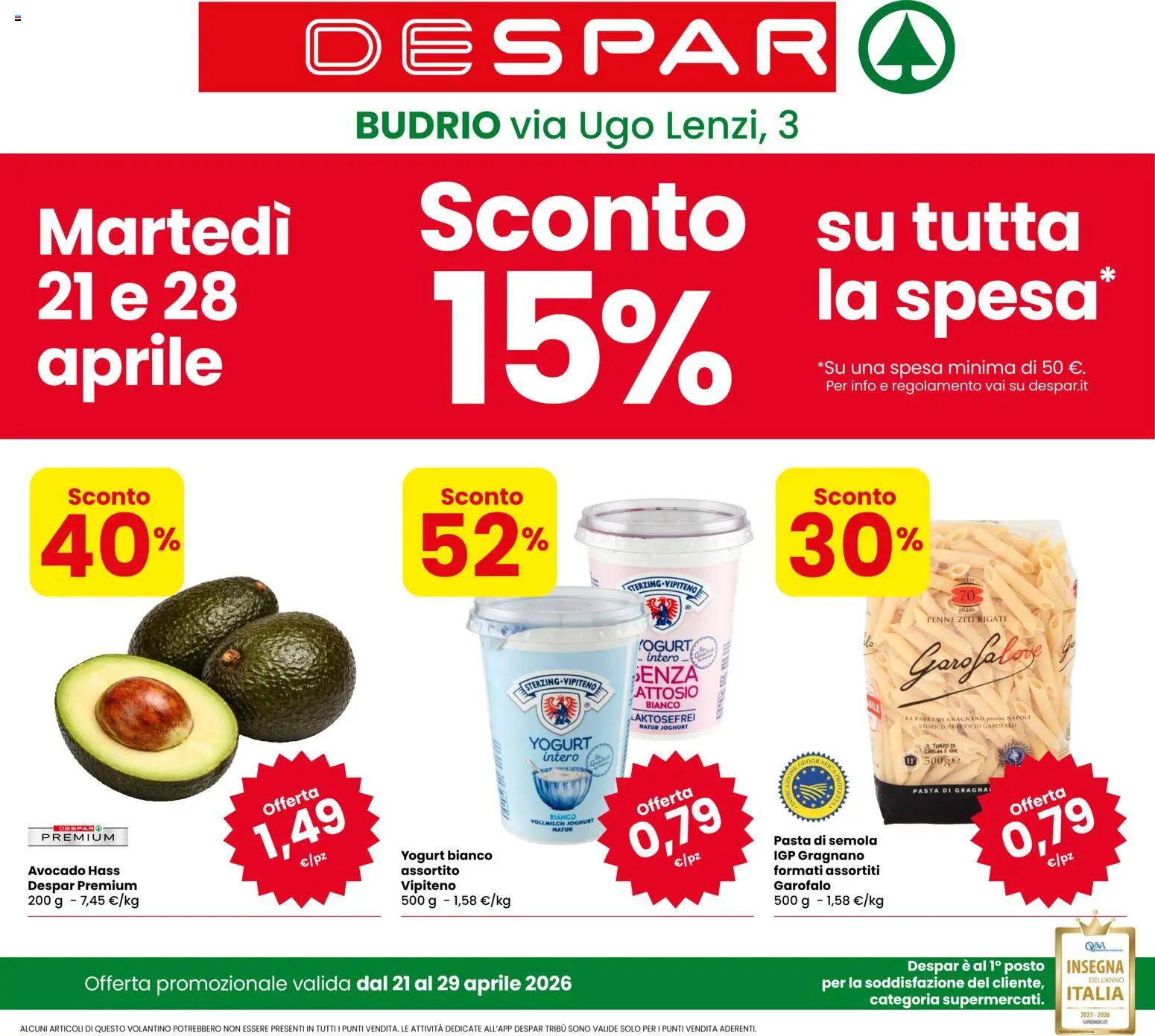 Volantino Despar del 21.04.2026 | Pagina: 1 | Prodotti: Yogurt, Avocado, Pasta, Penne