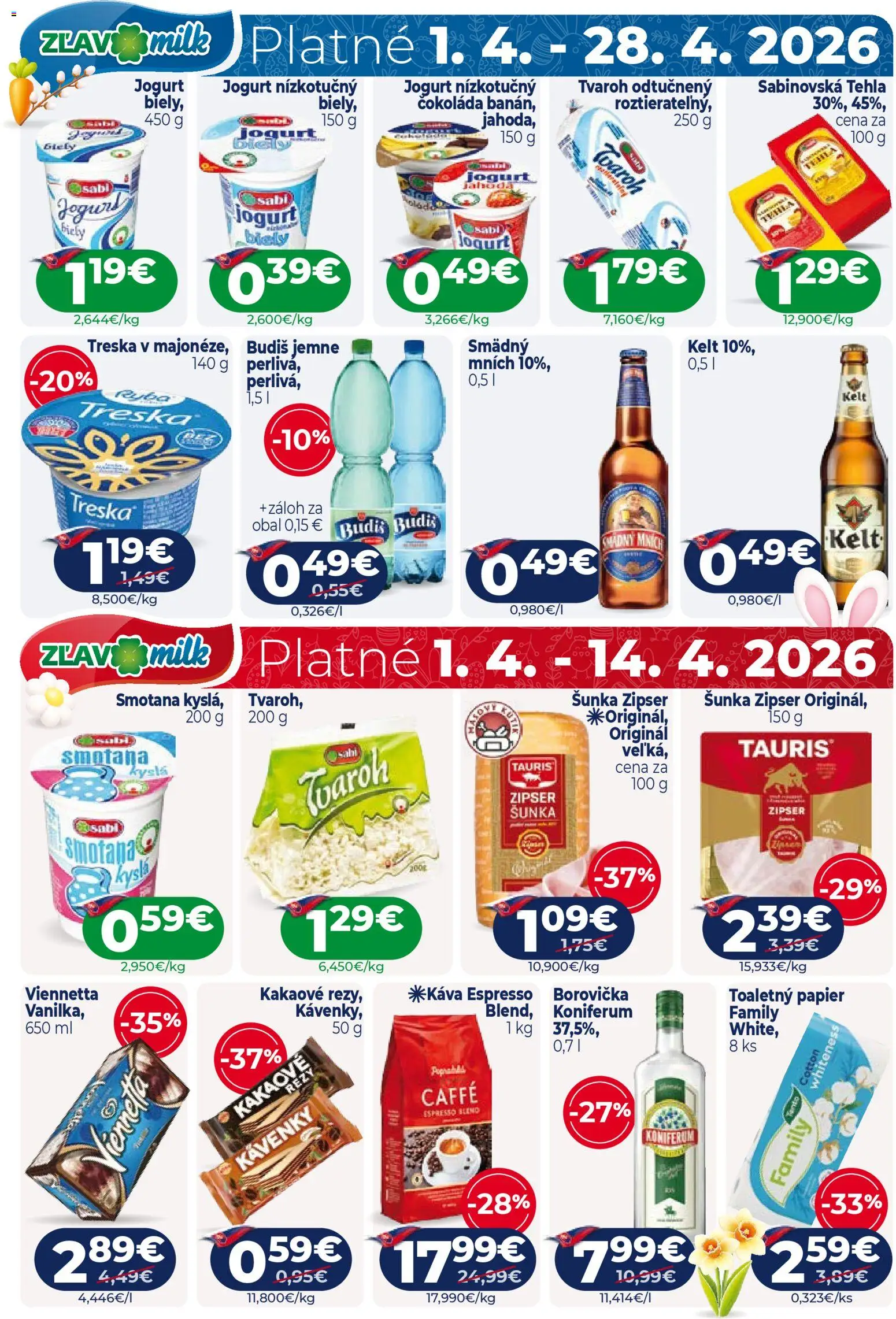 Nové Milk Agro akcie – leták je platný od 01.04.2026 | Strana: 16 | Produkty: Šunka, Koniferum, Toaletný papier, Ryba