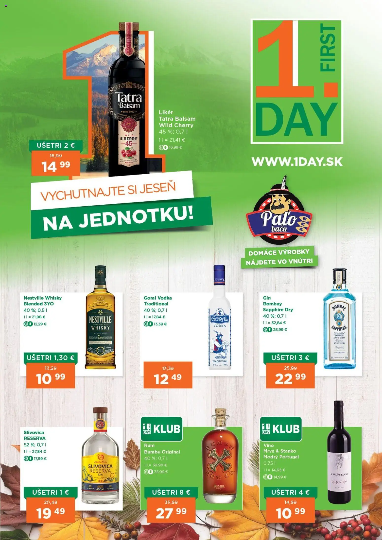 Nové 1day akcie – leták je platný od 06.11.2025 | Strana: 1 | Produkty: Víno, Gin, Vodka, Whisky