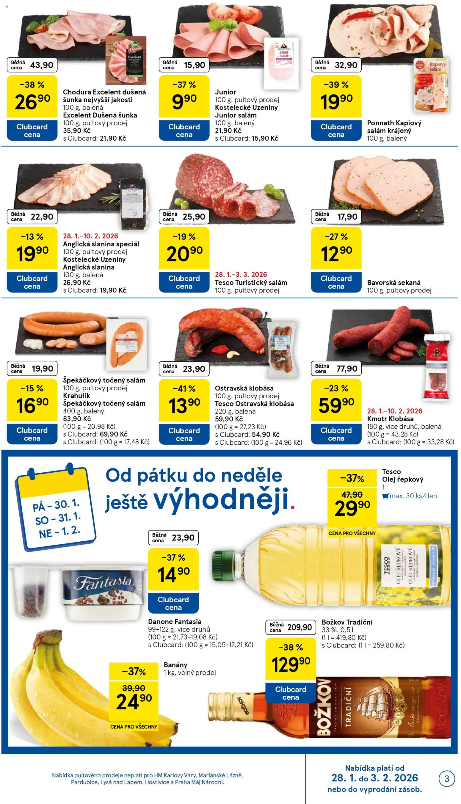 Tesco leták - Hypermarket od 28.01.2026 | Strana: 3 | Produkty: Šunka, Banány, Sekaná, Uzeniny