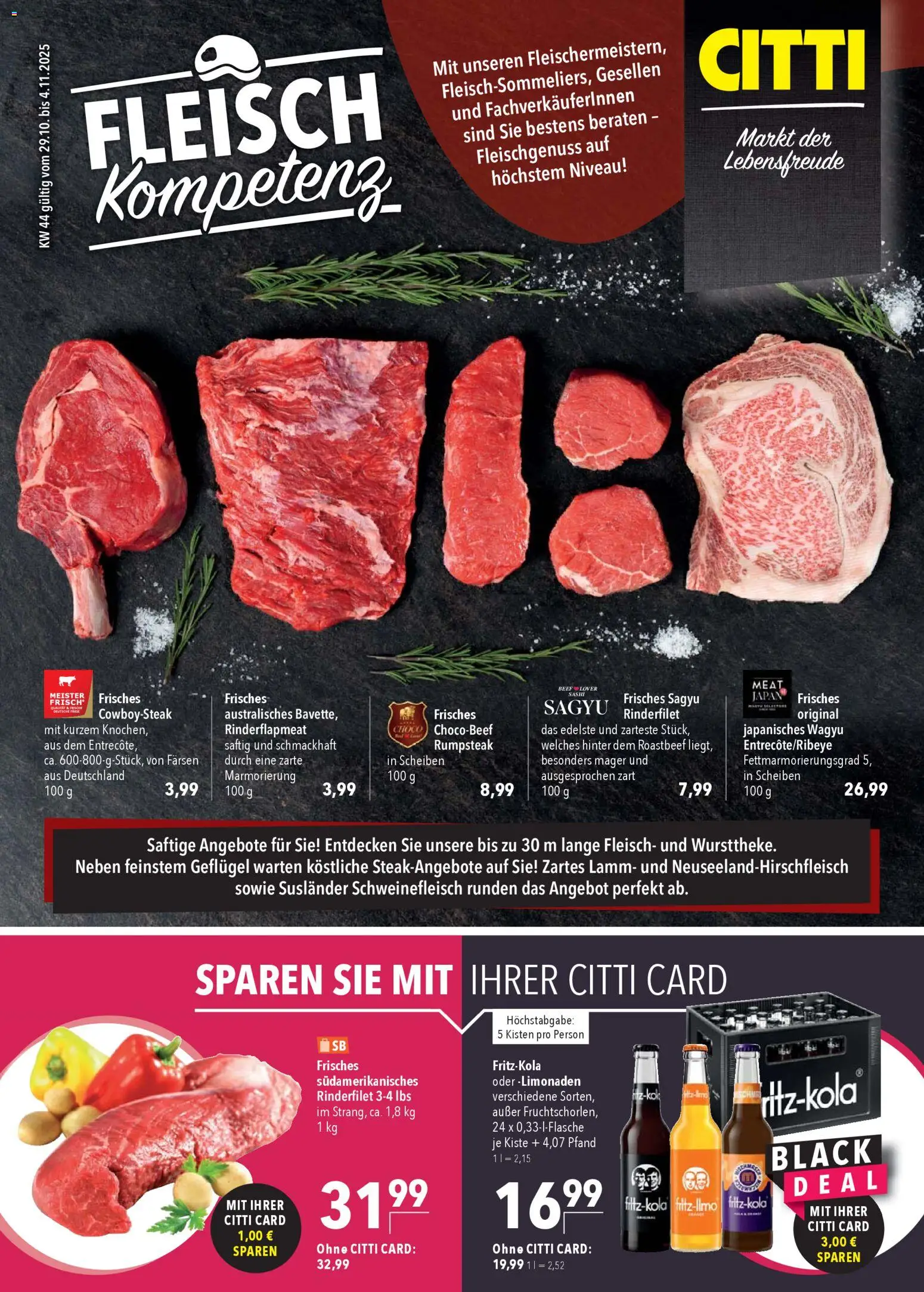 CITTI Markt Prospekt 	 – gültig ab 29.10.2025 | Seite: 1 | Produkte: Rumpsteak, Roastbeef, Schweinefleisch, Fleisch