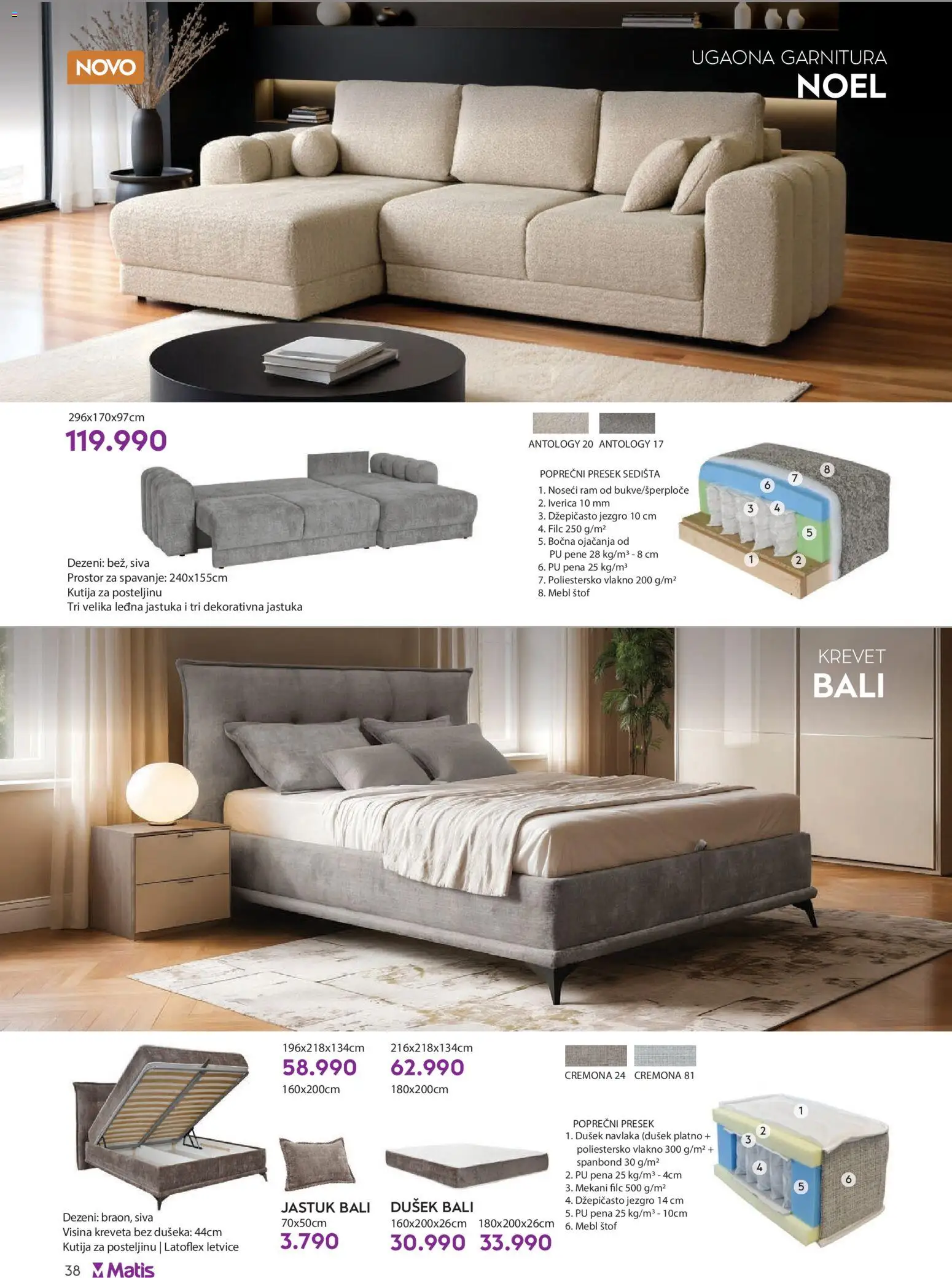 Matis katalog - važi od 01.01.2026 | Strana: 38 | Proizvode: Krevet, Dušek, Kutija, Ugaona garnitura