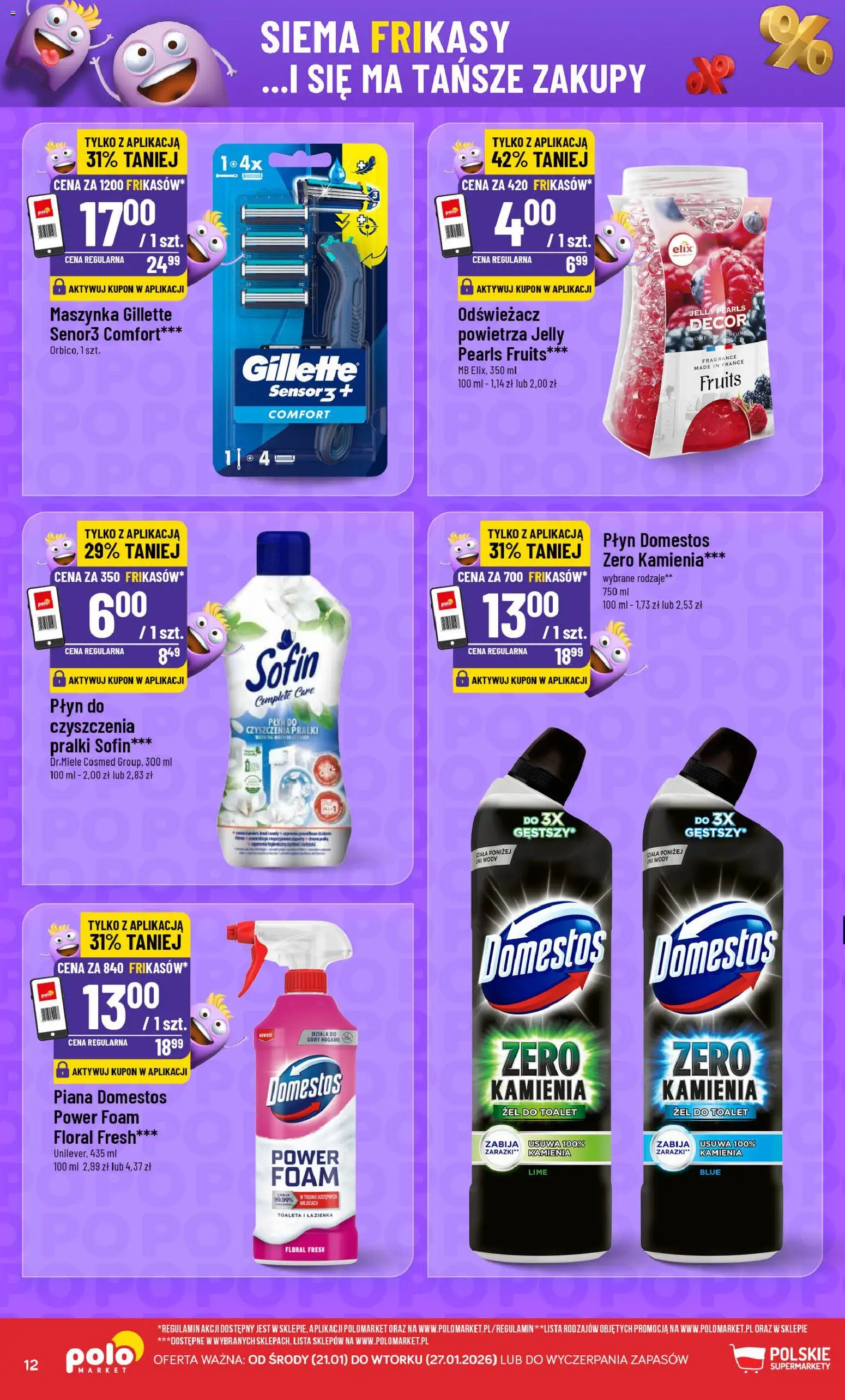 POLOmarket Gazetka - Frikasowe Hity od 21.01.2026 | Strona: 12 | Produkty: Odświeżacz, Gillette, Toaleta, Domestos