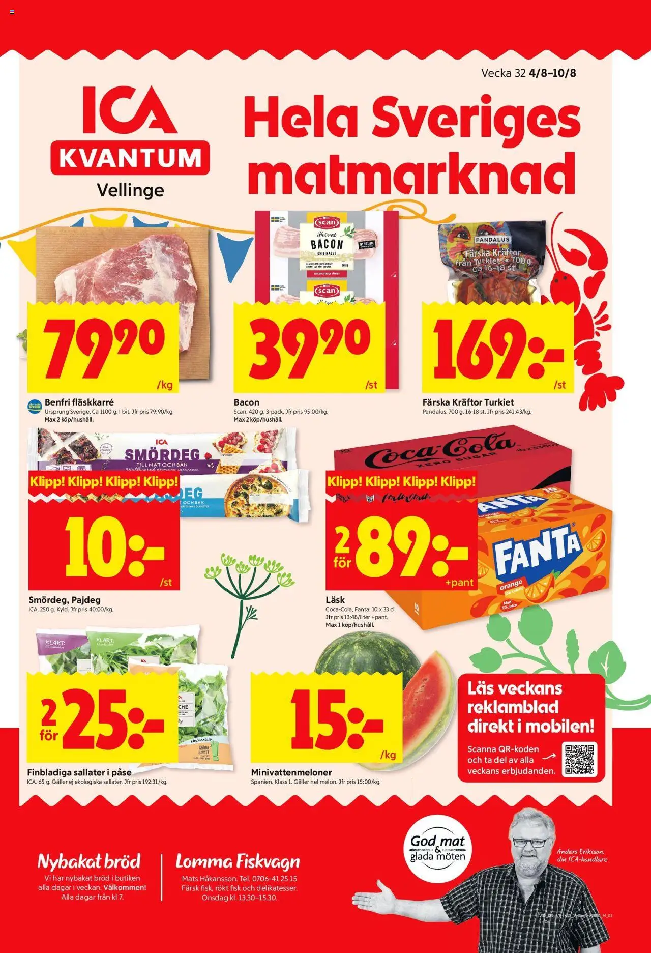 ICA Kvantum reklamblad aktuell från 04.08.2025 | Sida: 1 | Produkter: Coca cola zero, Bacon, Bröd, Juice