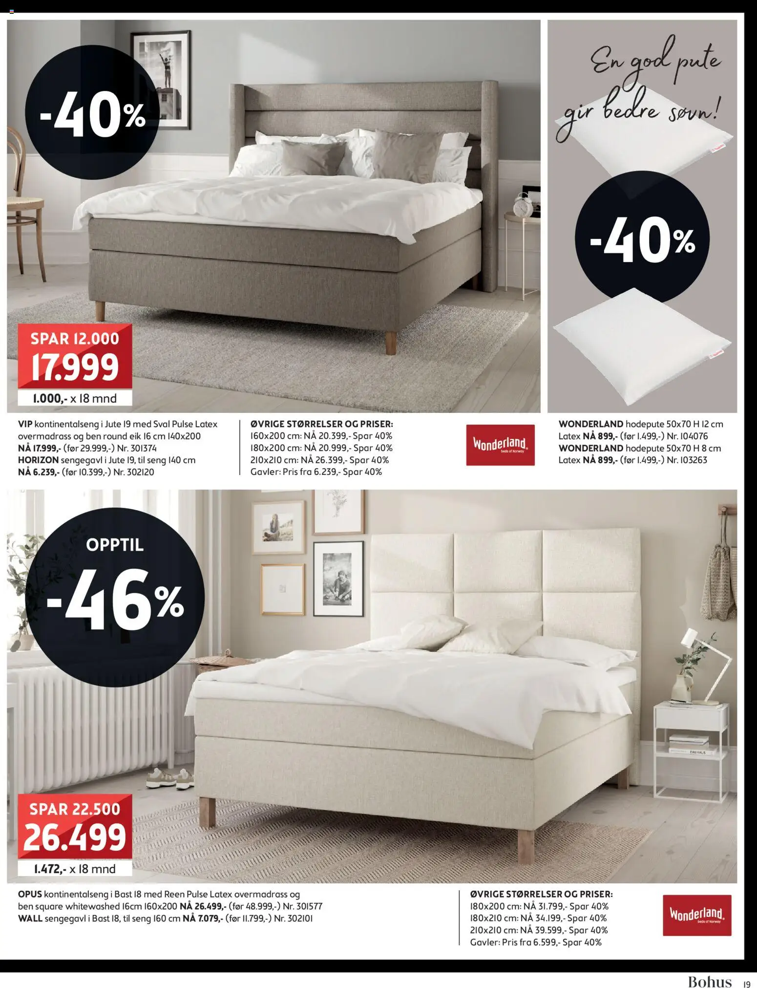 {H1} | Side: 19 | Produkter: Kontinentalseng, Seng, Pute, Sengegavl