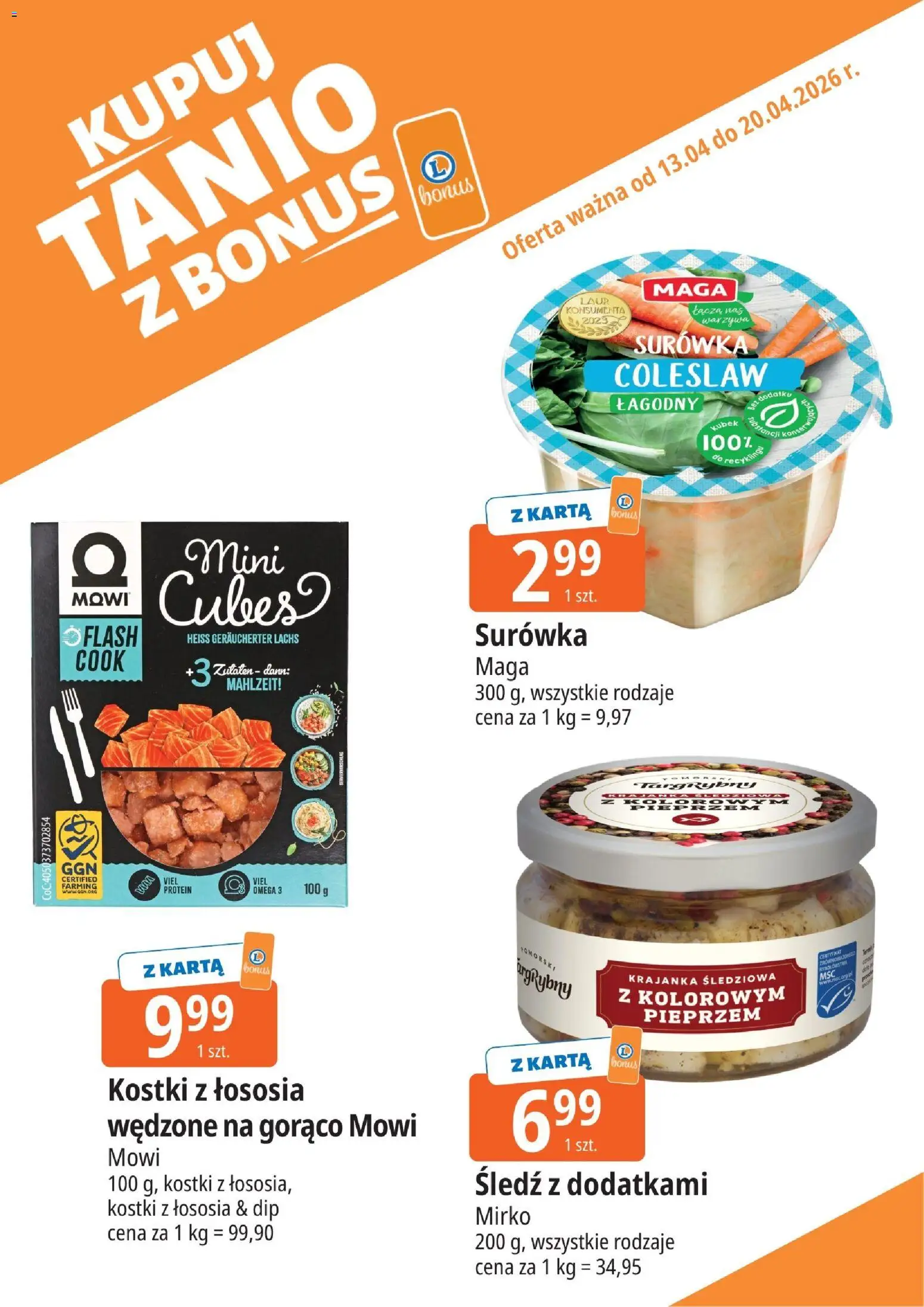 E.Leclerc gazetka - Tychy kupony dodatkowe od 13.04.2026 | Strona: 7 | Produkty: Karta, Śledź, Surówka colesław, Warzywa