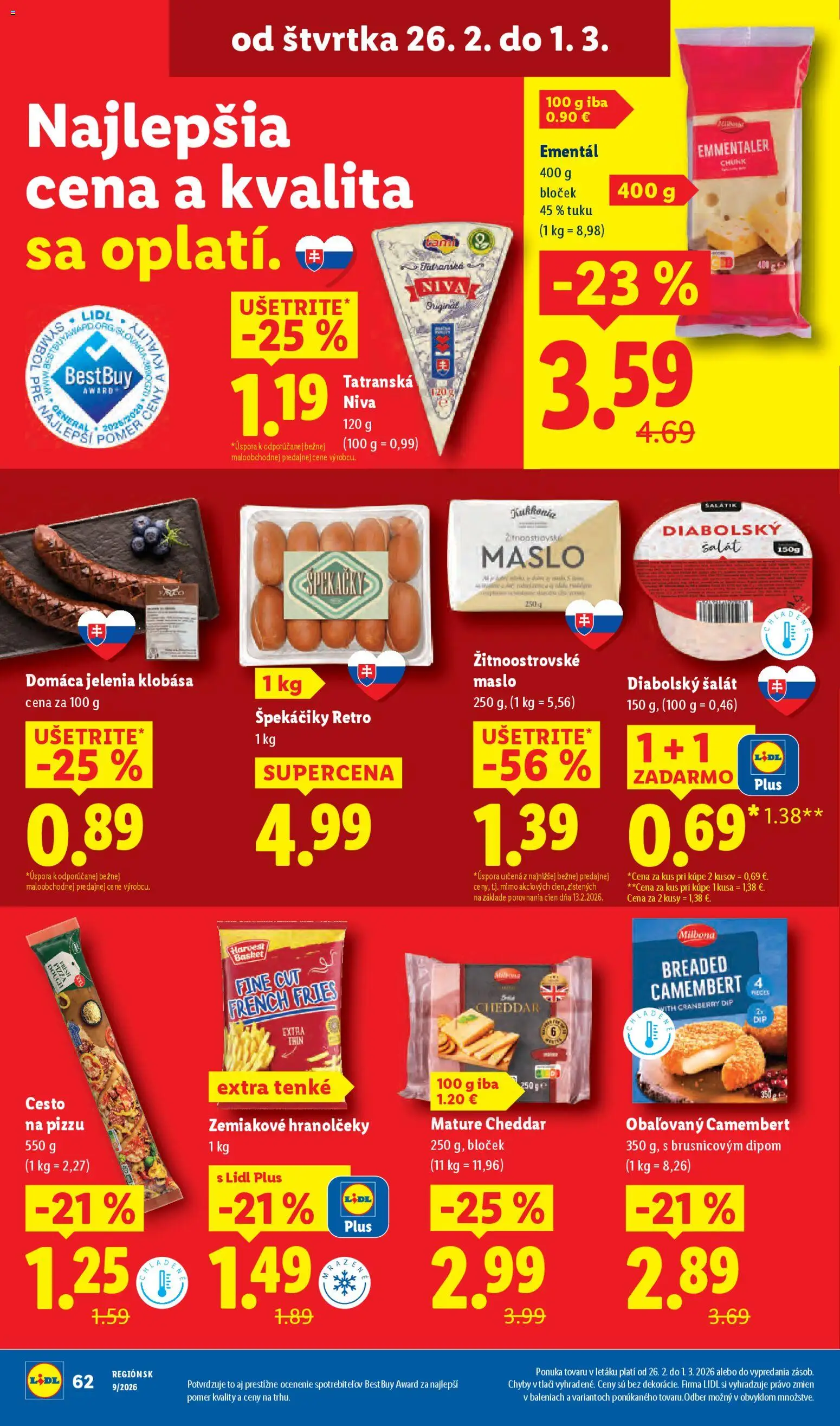 Nové Lidl akcie – leták je platný od 26.02.2026 | Strana: 20 | Produkty: Maslo, Pizza, Klobása, Šalát