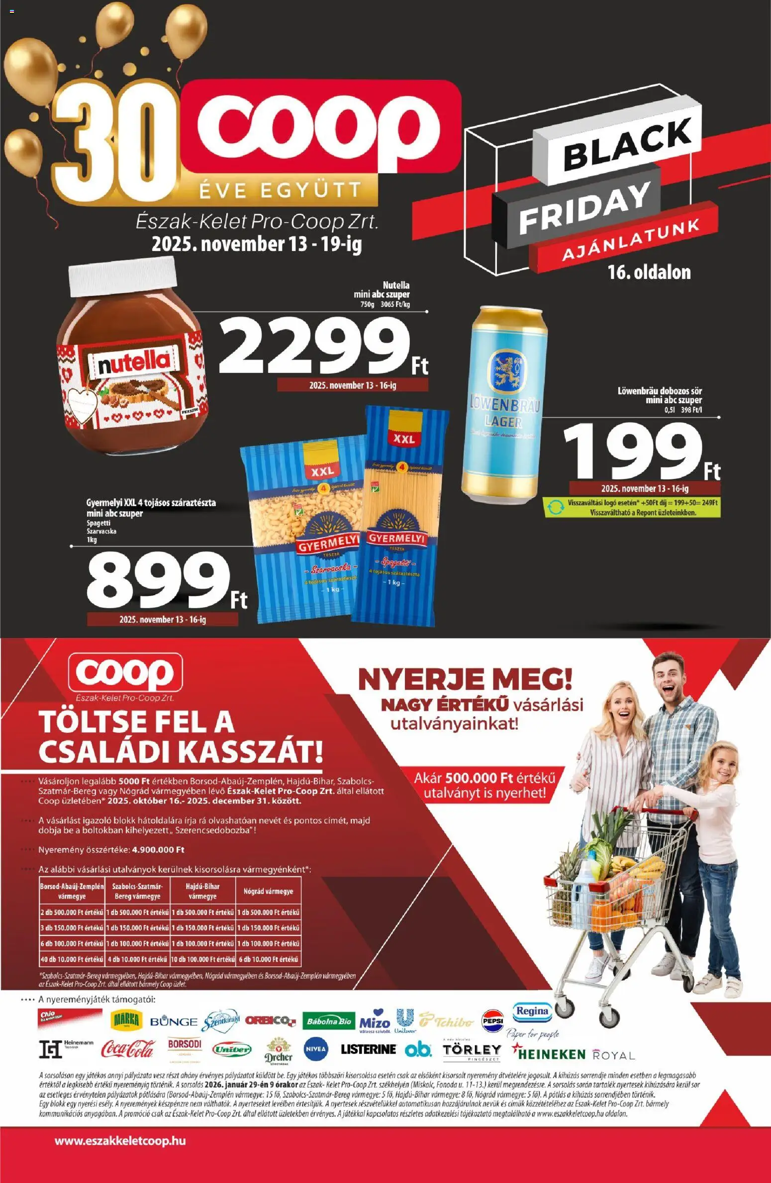 COOP akciós ujság - amely érvényes a következő dátumtól: 13.11.2025 | Oldal: 1 | Termékek: Spagetti, Heineken, Nutella, Dobozos sör