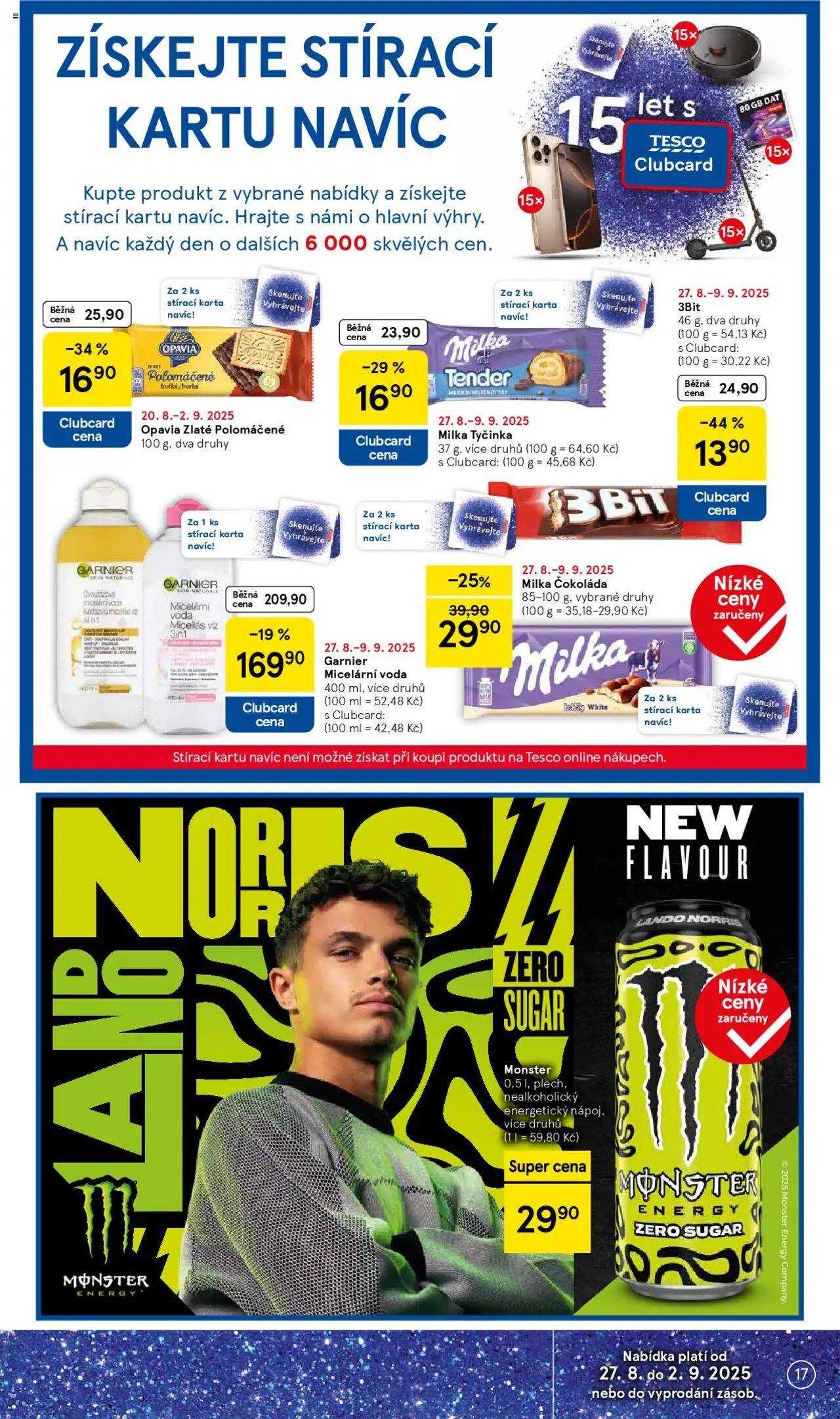 Tesco leták - Hypermarket od 27.08.2025 | Strana: 17 | Produkty: Voda, Monster, Micelární voda Garnier, Energy drink