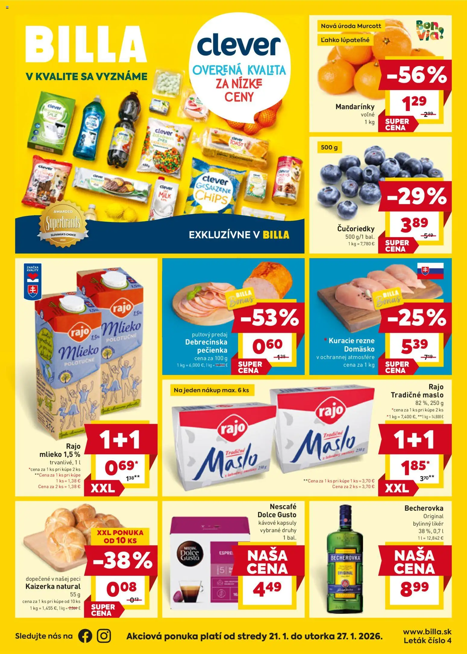 Nové Billa akcie – leták je platný od 21.01.2026 | Strana: 1 | Produkty: Dolce Gusto, Becherovka, Kuracie rezne