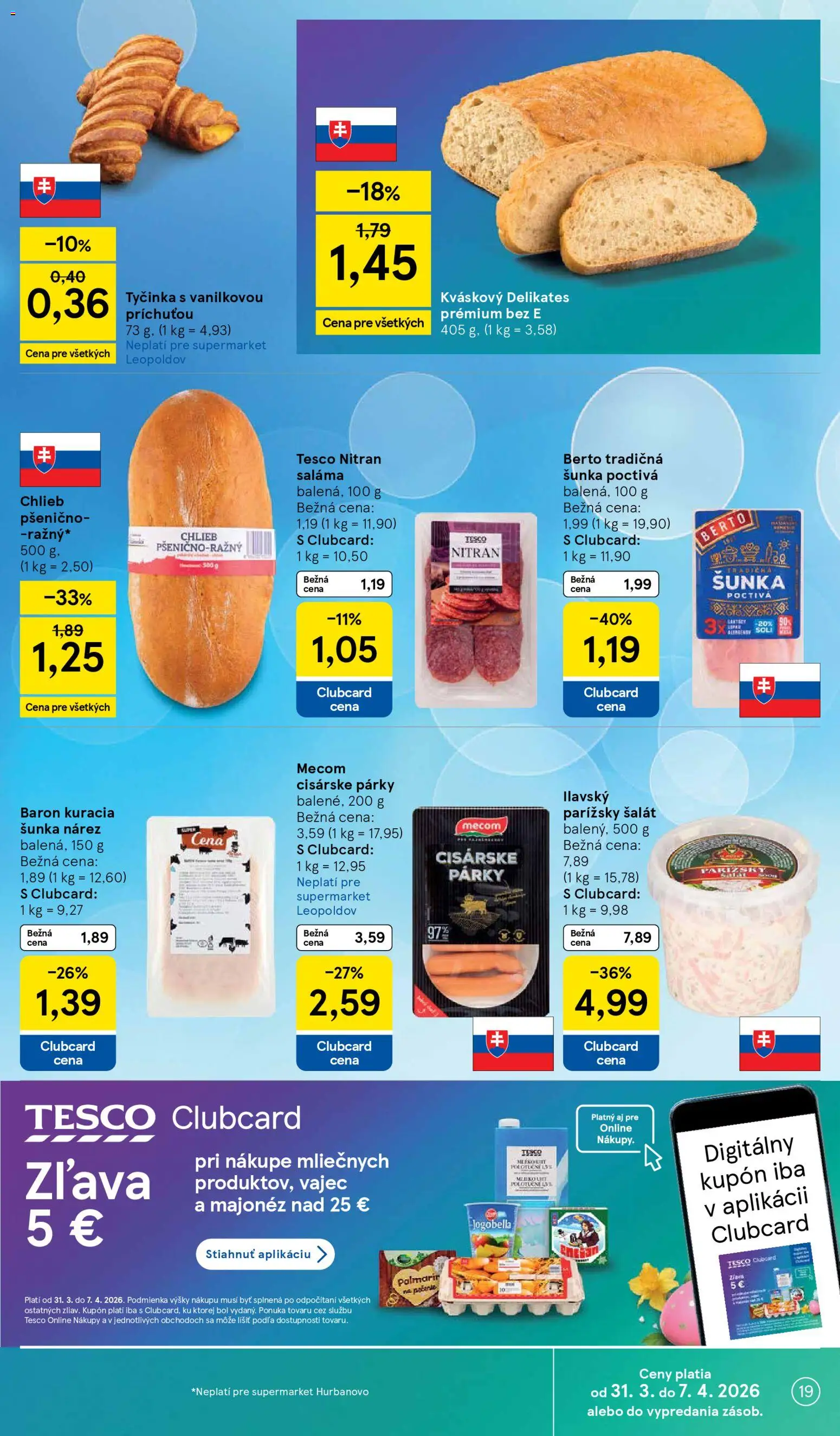 Nové Tesco akcie – leták je platný od 31.03.2026 | Strana: 19 | Produkty: Chlieb, Saláma, Šunka, Párky