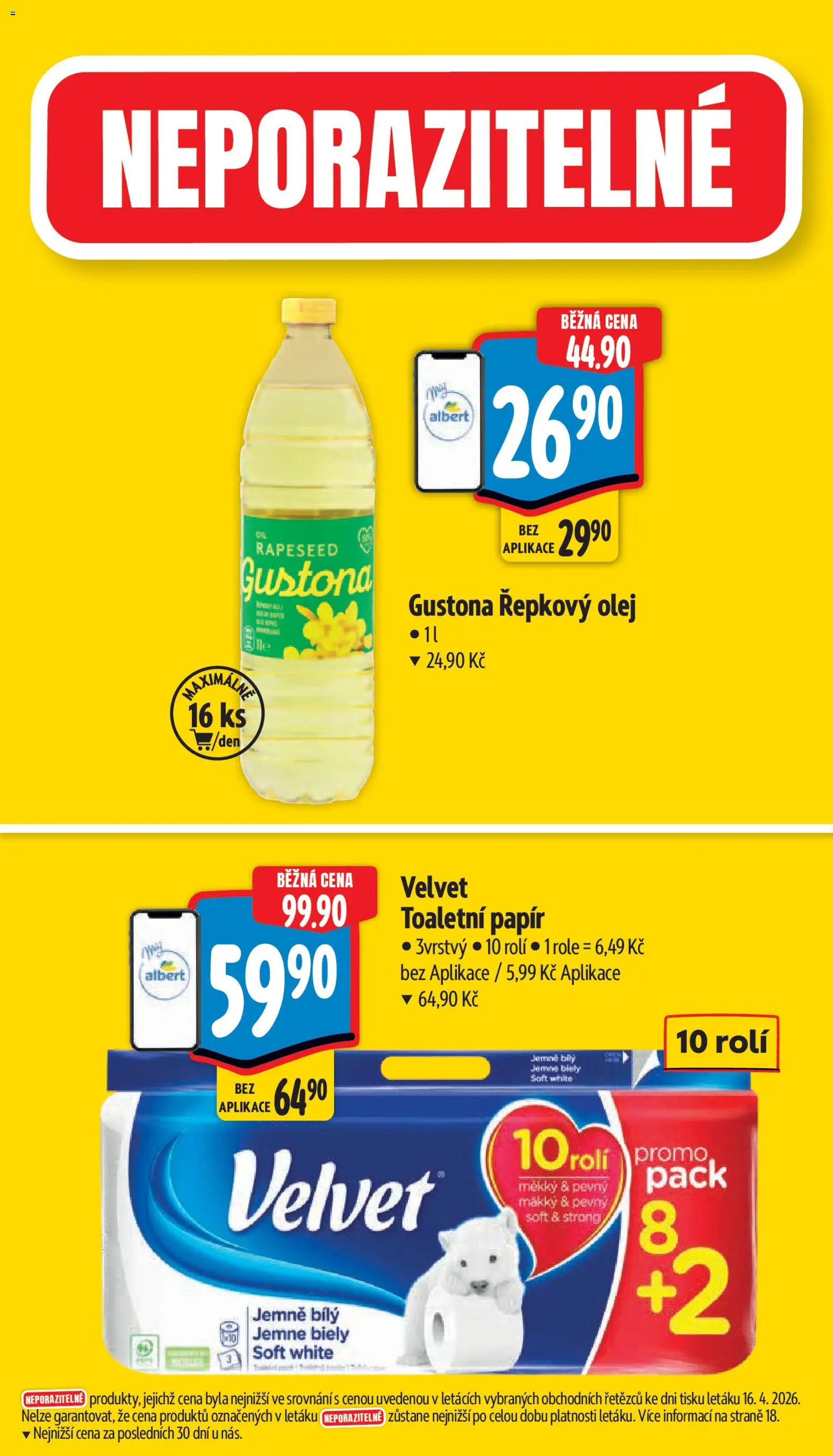 Albert leták - Supermarket od 22.04.2026 | Strana: 4 | Produkty: Olej, Toaletní papír, Řepkový olej, Velvet