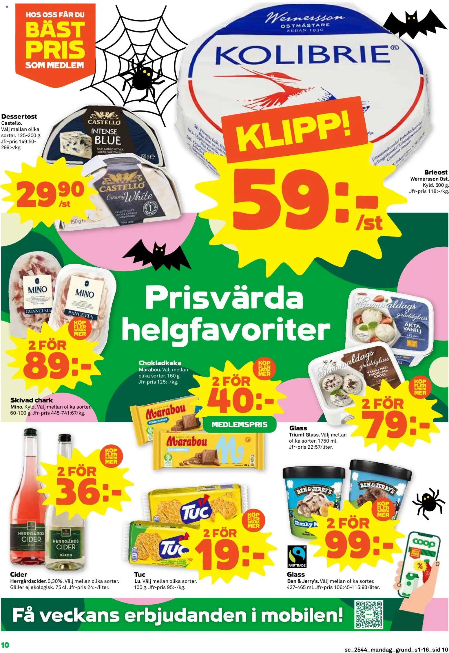 Stora Coop reklamblad aktuell från 27.10.2025 | Sida: 10 | Produkter: Chokladkaka, Brieost, Cider, Glass
