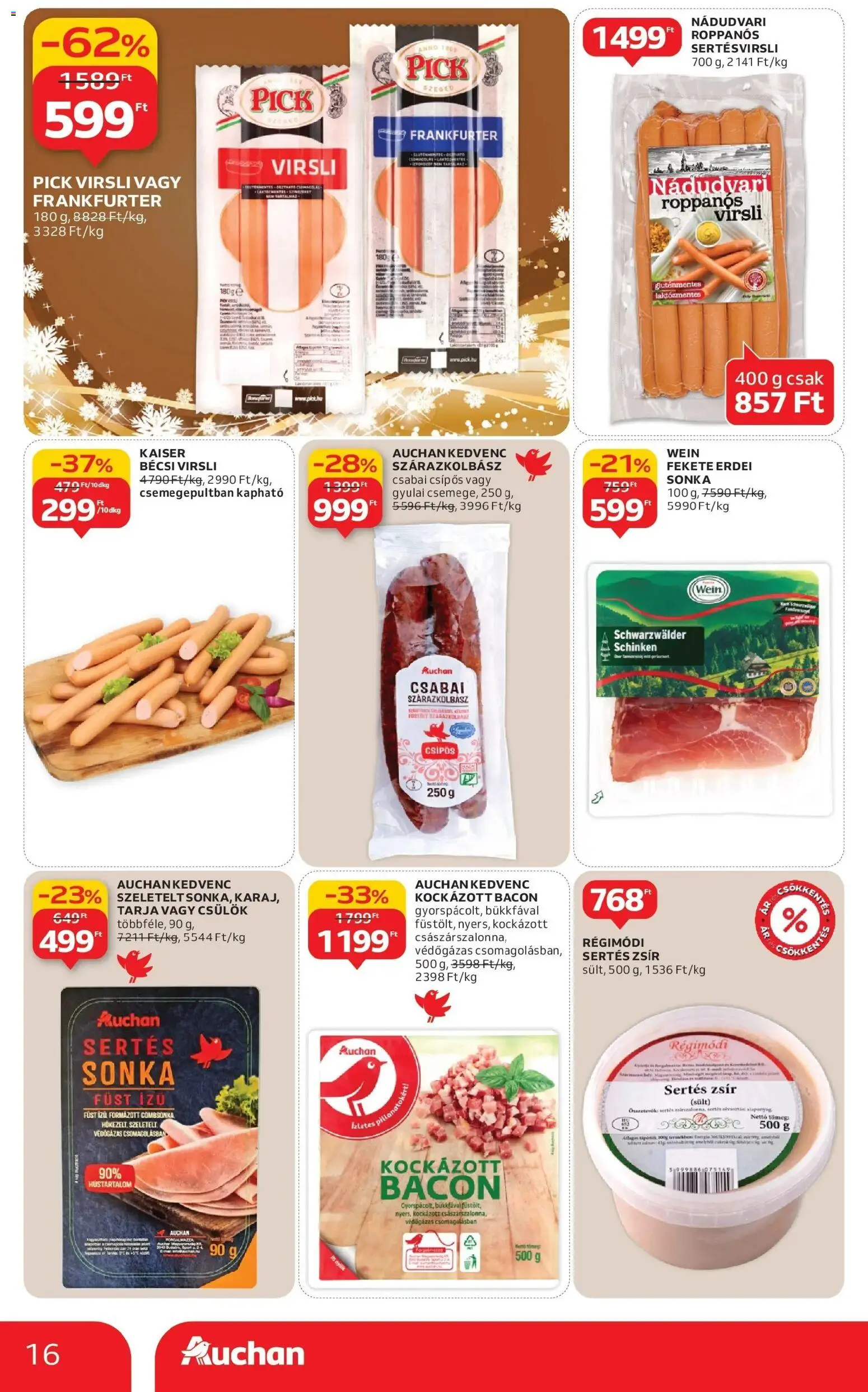 Auchan akciós ujság - amely érvényes a következő dátumtól: 18.12.2025 | Oldal: 16 | Termékek: Virsli, Tarja, Bacon, Gluténmentes