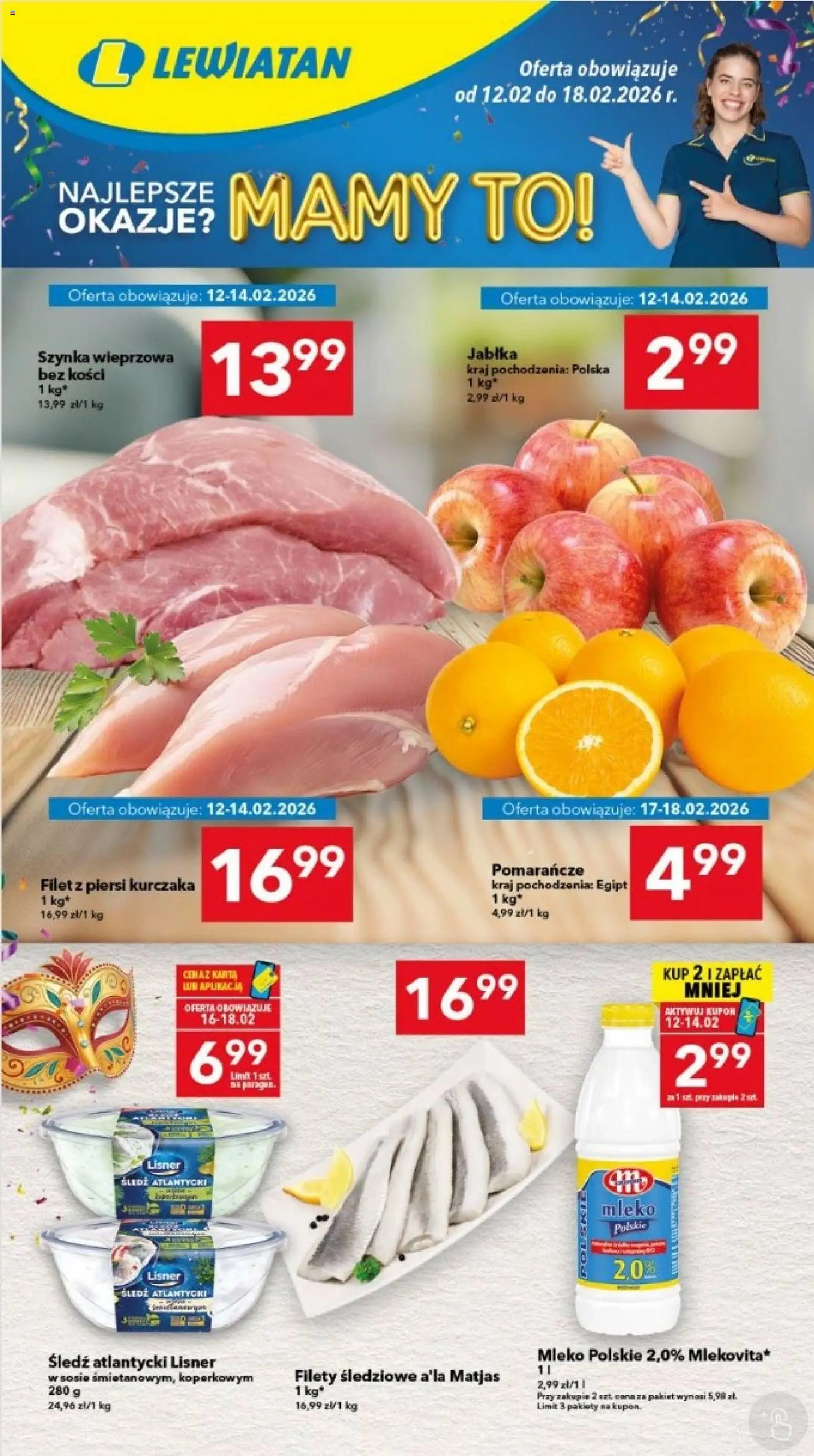 Lewiatan gazetka - Legnica od 12.02.2026 | Strona: 1 | Produkty: Piersi, Szynka wieprzowa, Filet z piersi kurczaka, Pomarańcze