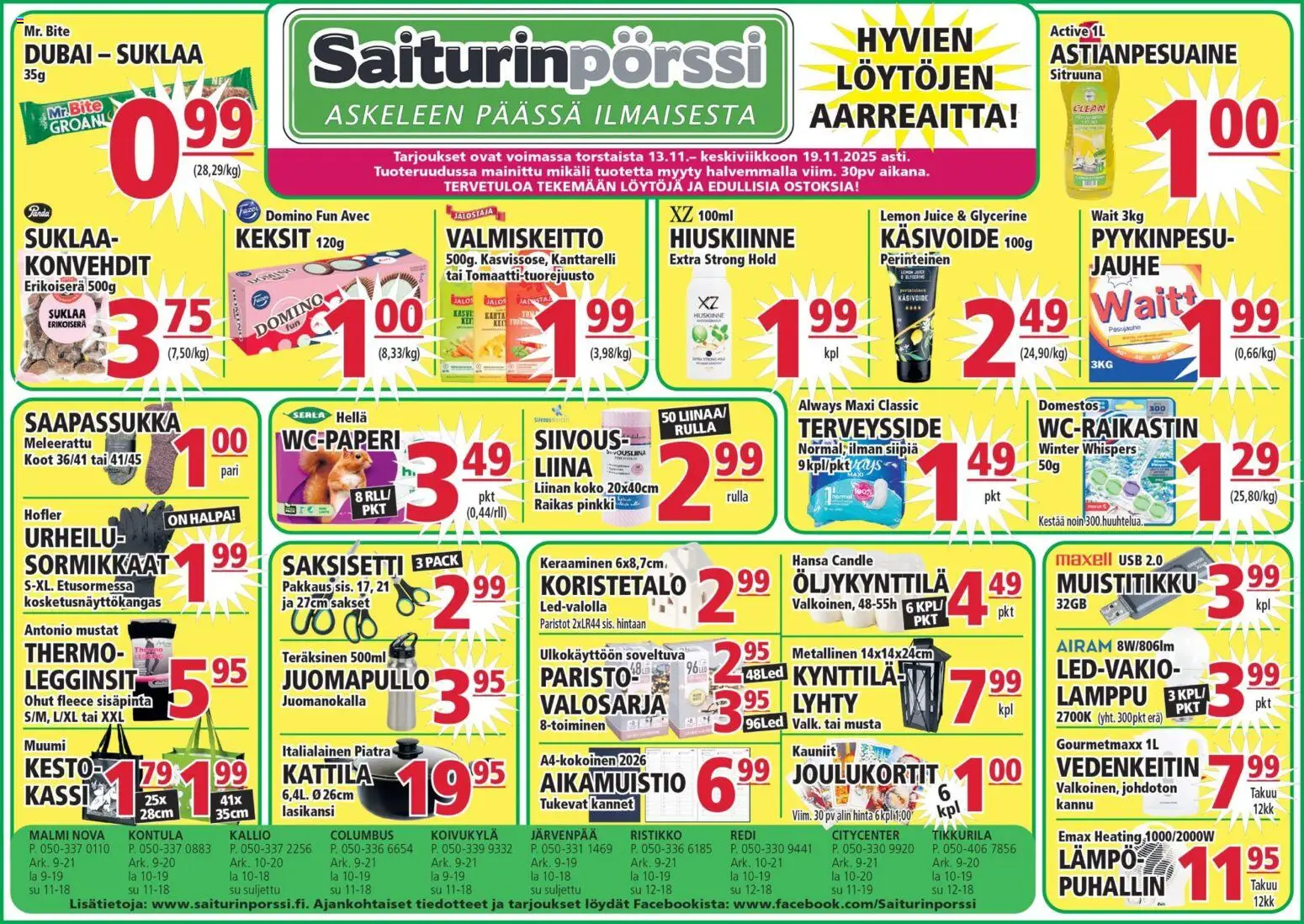Saiturinpörssi tarjoukset – voimassa 13.11.2025 alkaen | Sivu: 1 | Tuotteet: Lyhty, Astianpesuaine, Lamppu, Keksit