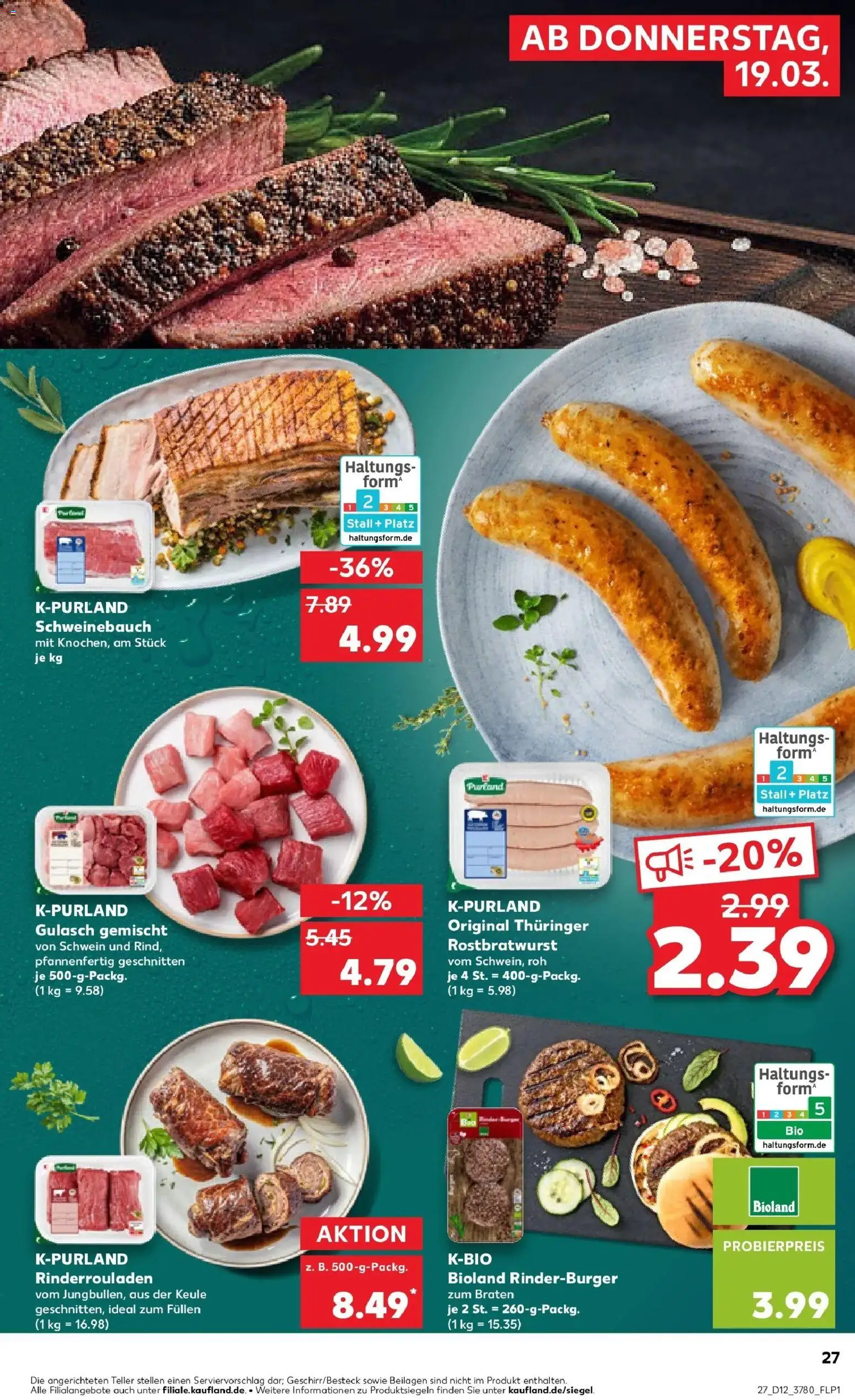 Kaufland Prospekt Haldensleben	 – gültig ab 19.03.2026 | Seite: 27 | Produkte: Rinderrouladen, Schweinebauch, Burger, Gulasch