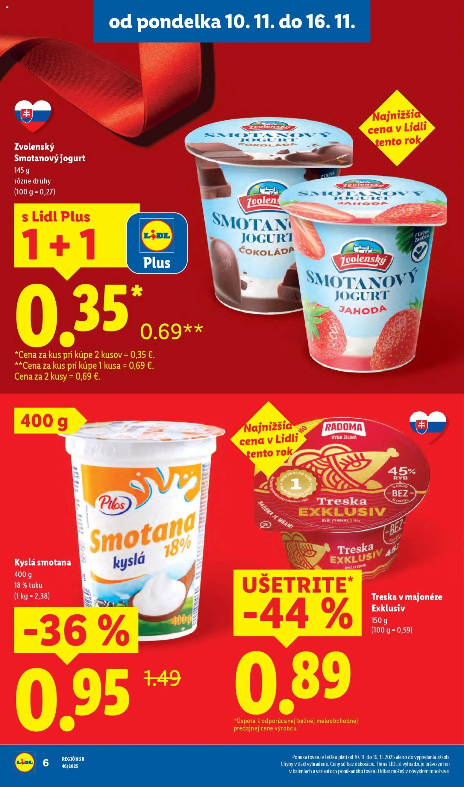 Nové Lidl akcie – leták je platný od 10.11.2025 | Strana: 10 | Produkty: Jogurt, Čokoláda, Ryba, Treska