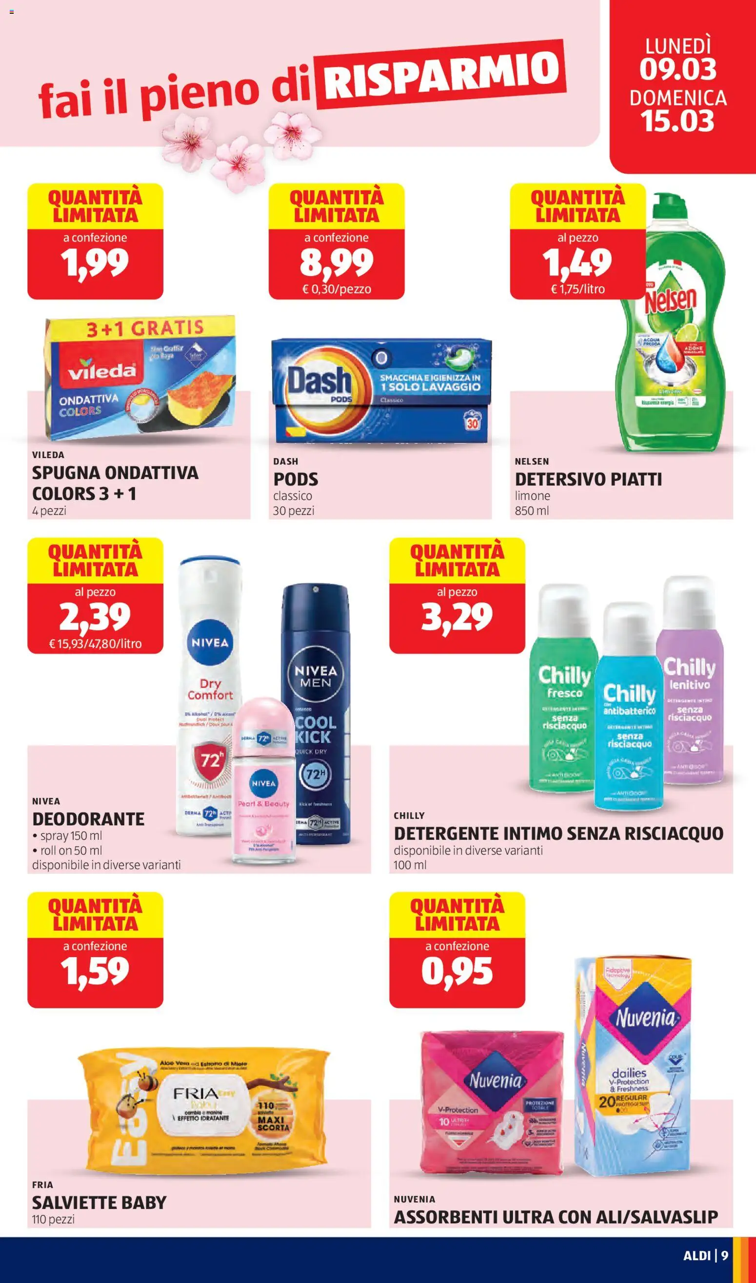 Volantino Aldi del 09.03.2026 | Pagina: 9 | Prodotti: Spugna, Deodorante, Detergente, Intimo