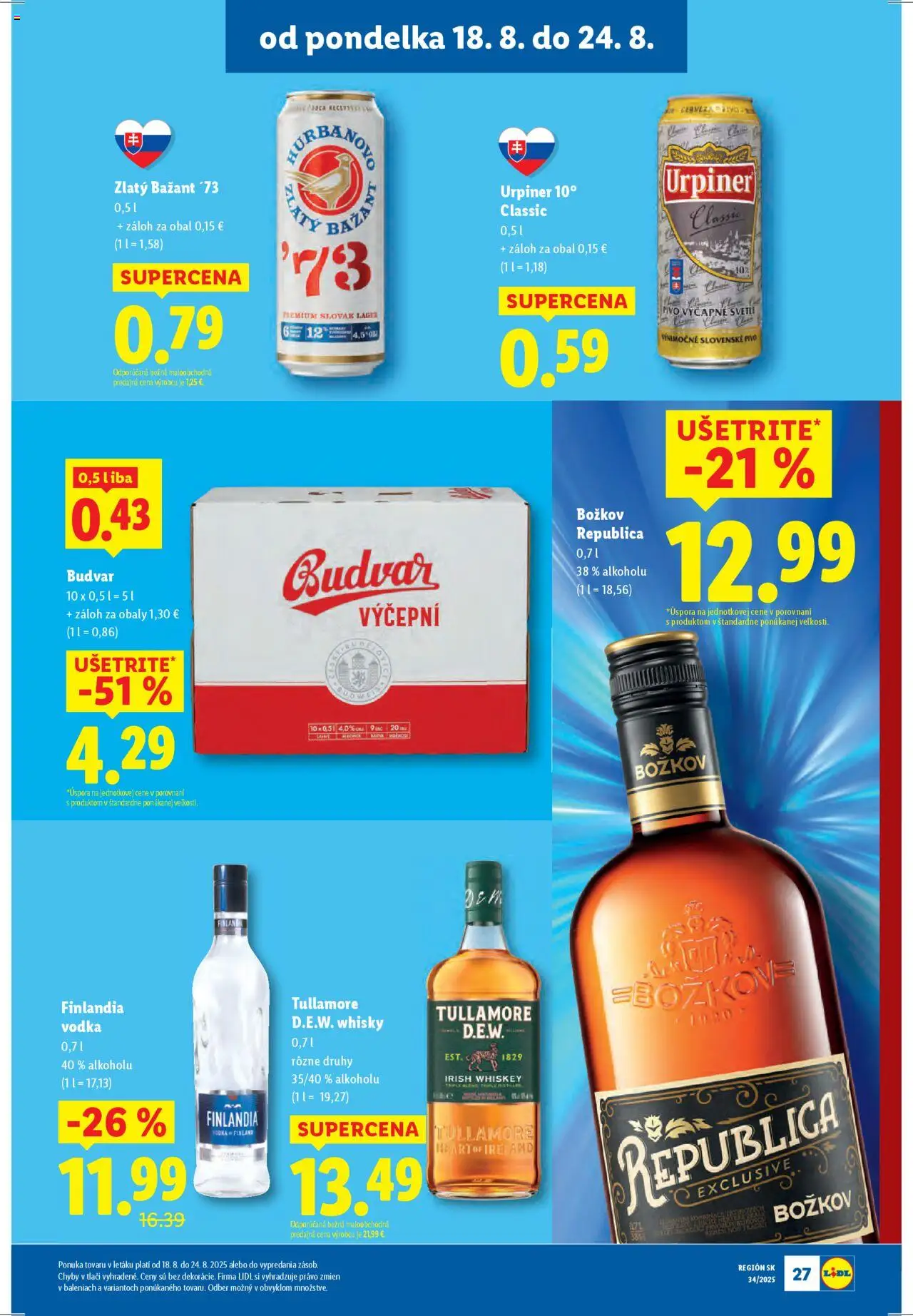 Lidl leták │ platný od 18.08.2025 | Strana: 27 | Produkty: Pivo, Republica, Budvar, Vodka