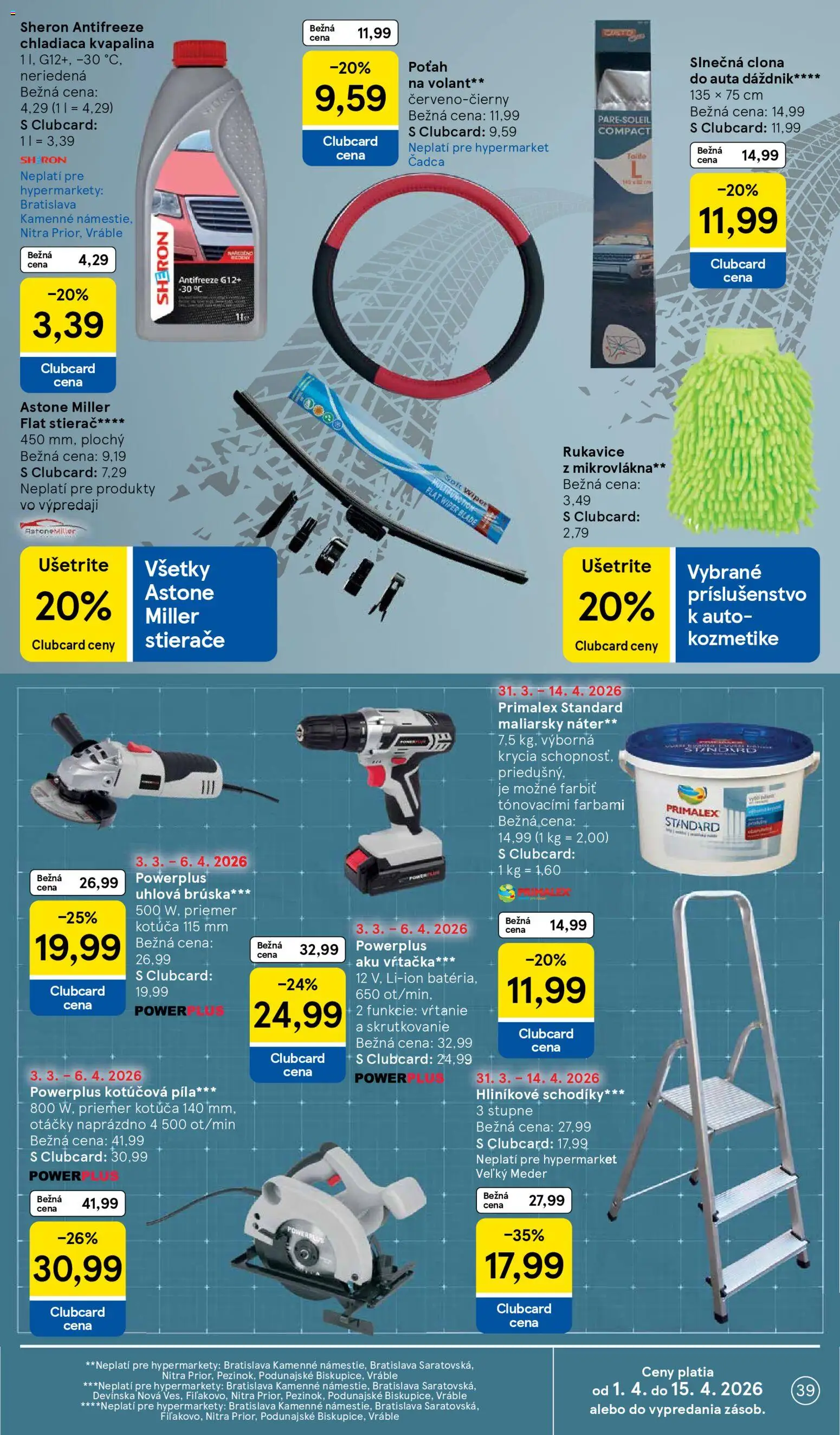 Nové Tesco akcie – leták je platný od 31.03.2026 | Strana: 39 | Produkty: Píla, Kotúčová píla, Uhlová brúska, Aku