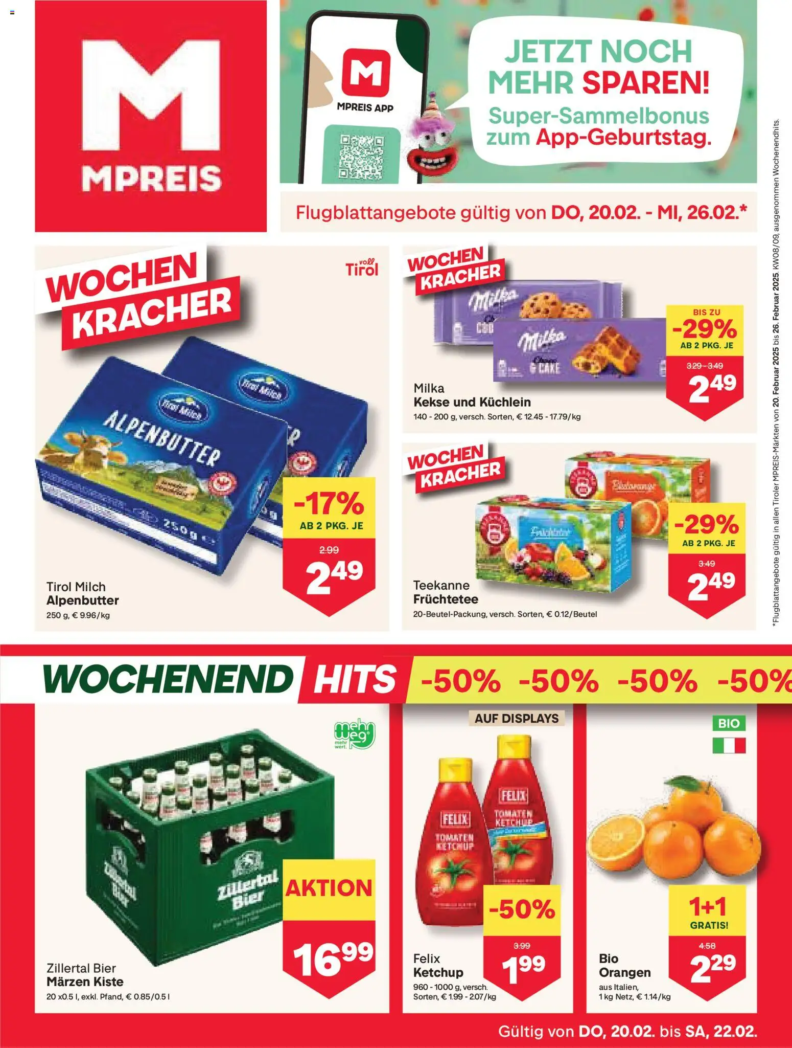 MPREIS Absam gültig ab 20.02.2026 | Seite: 1 | Produkte: Ketchup, Milch, Orangen, Tomaten