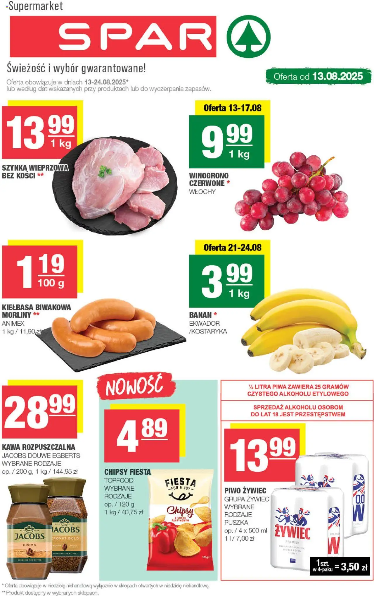 Spar Gazetka od 13.08.2025 | Strona: 1 | Produkty: Winogrono, Szynka wieprzowa, Kawa, Piwo