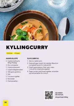 Forhåndsvisning av Bunnpris Billig middag gyldig fra 21.10.2025 | Side: 20 | Produkter: Kylling, Koriander, Boks, Cashewnøtter