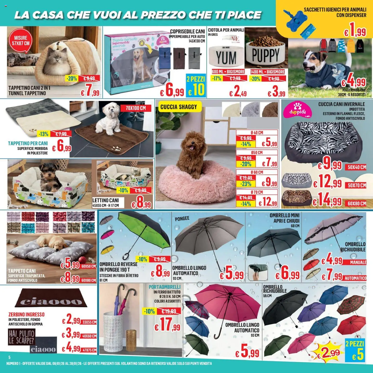 Volantino Satur del 08.01.2026 | Pagina: 5 | Prodotti: Scarpe, Maglione, Ciotola, Tappeto