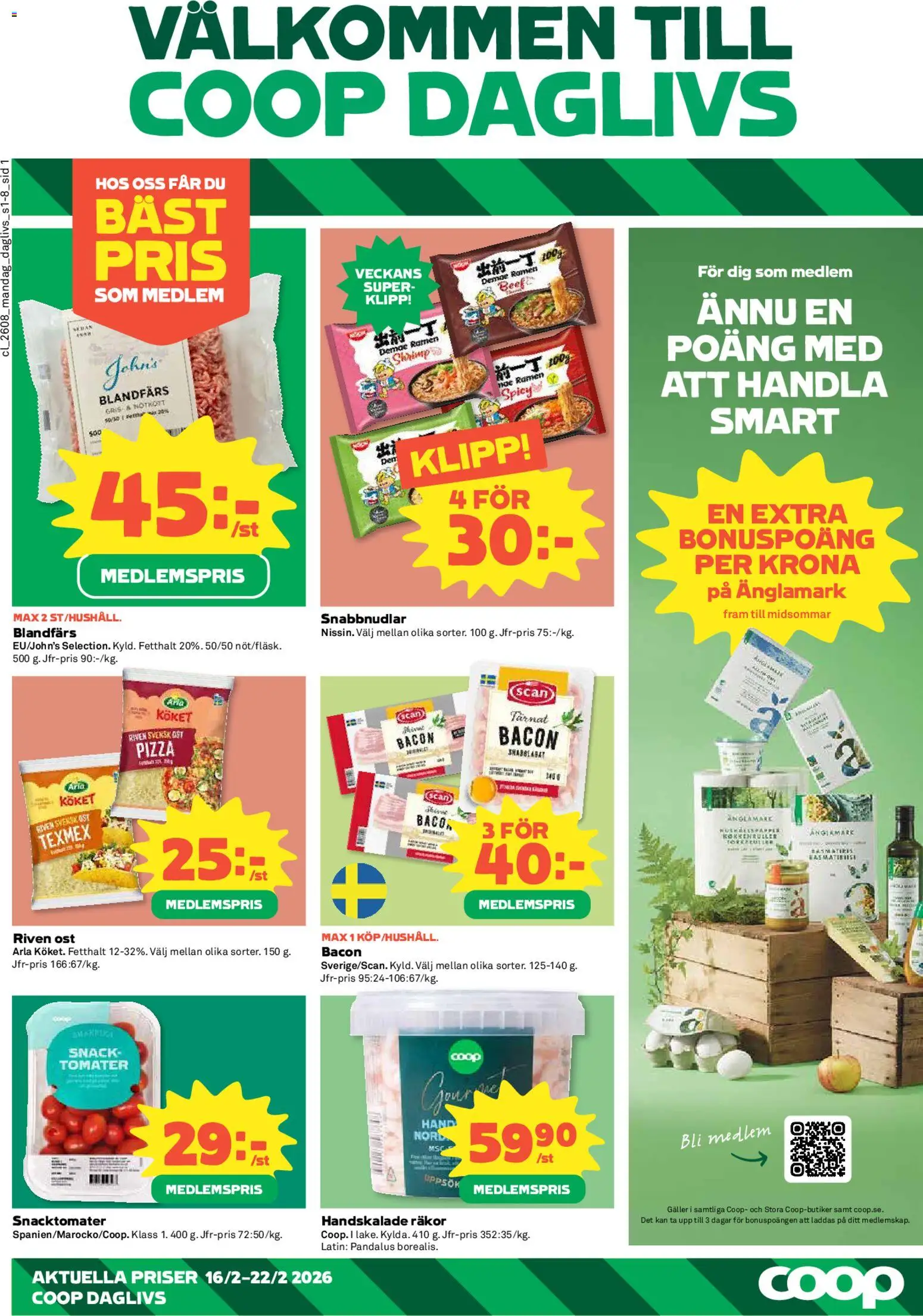 Coop Daglivs reklamblad aktuell från 16.02.2026 | Sida: 1 | Produkter: Bacon, Räkor, Riven ost, Ost
