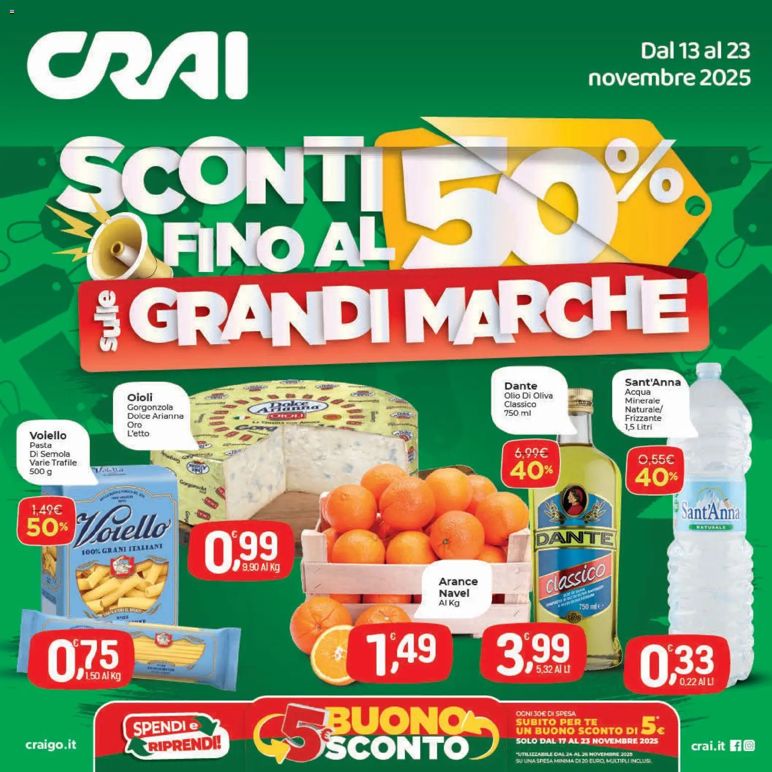 Volantino CRAI del 13.11.2025 | Pagina: 1 | Prodotti: Acqua, Olio, Gorgonzola, Olio di Oliva