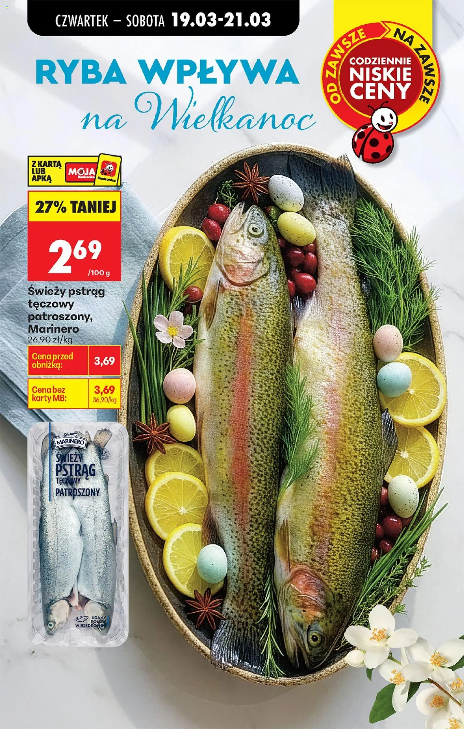 Biedronka gazetka od czwartku od 19.03.2026 | Strona: 13 | Produkty: Karta, Pstrąg tęczowy, Świeży pstrąg, Pstrąg