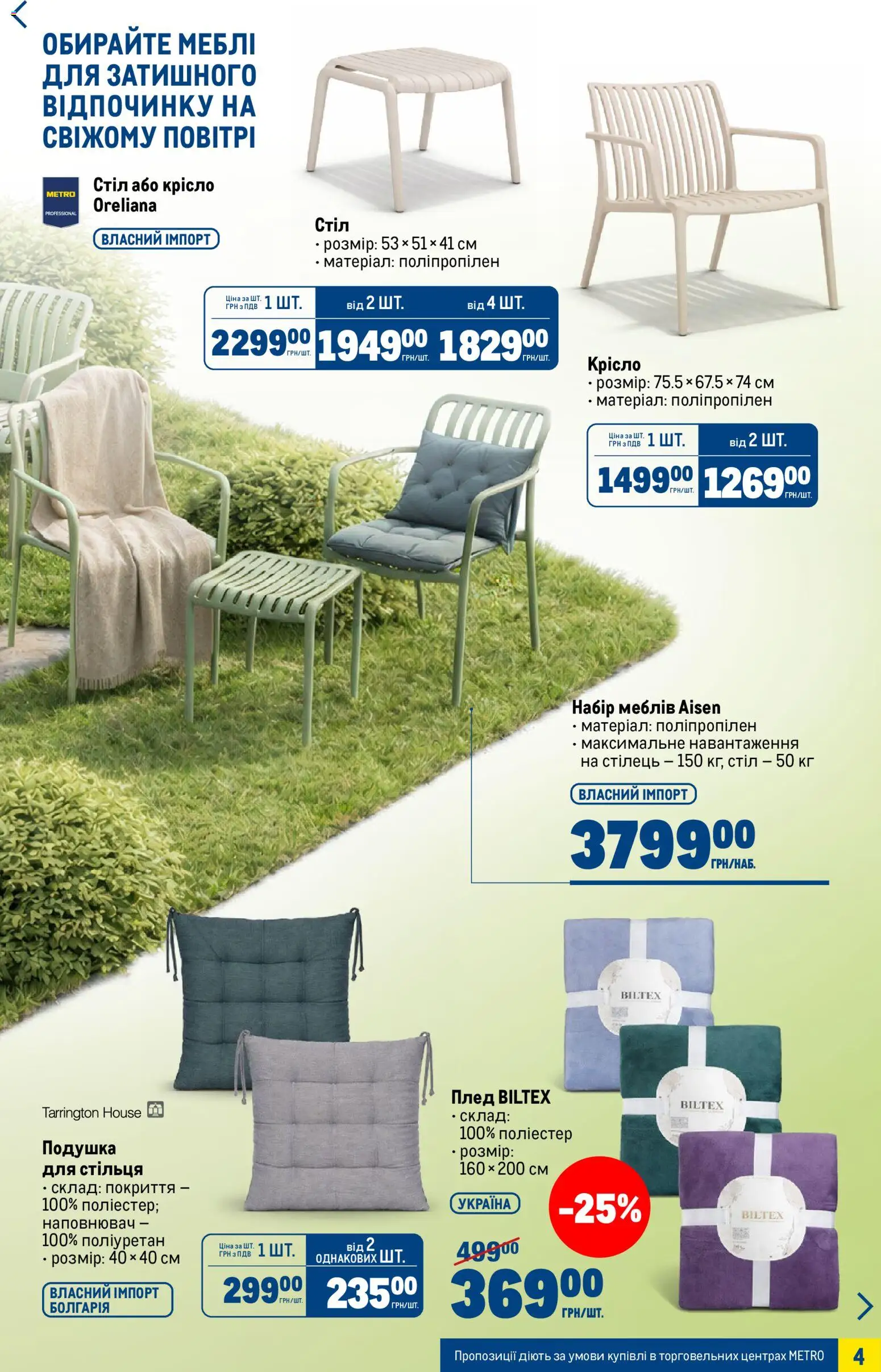 Metro Kаталог - дійснийкції з 15.04.2026 | Сторінка: 4 | Товари: Плед, Подушка, Крісло, Стіл
