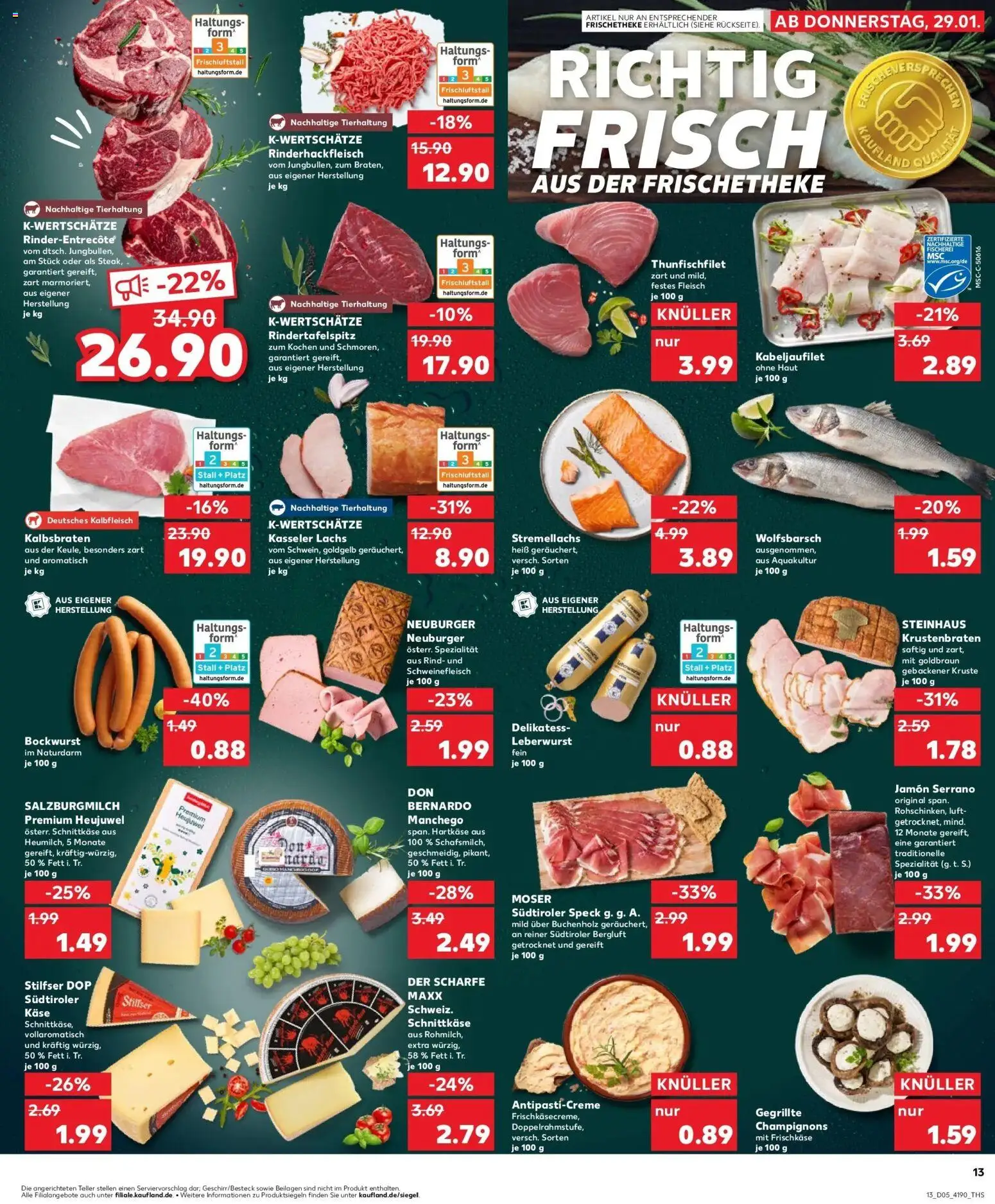 Kaufland prospekt Bretten	 – gültig ab 29.01.2026 | Seite: 13 | Produkte: Bockwurst, Käse, Krustenbraten, Lachs