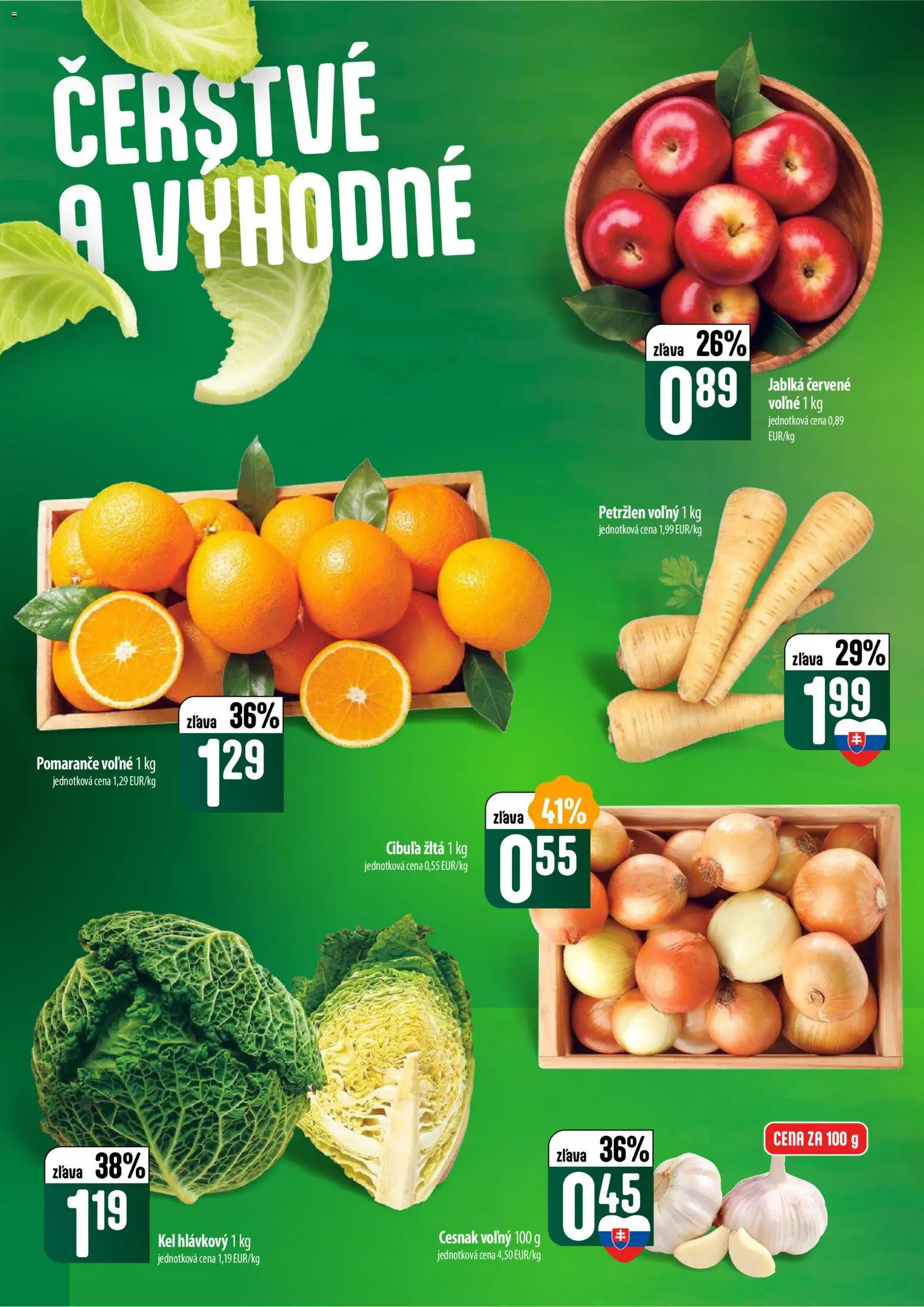 Nové COOP Jednota akcie – leták je platný od 22.01.2026 | Strana: 2 | Produkty: Jablká, Pomaranče, Cesnak, Petržlen