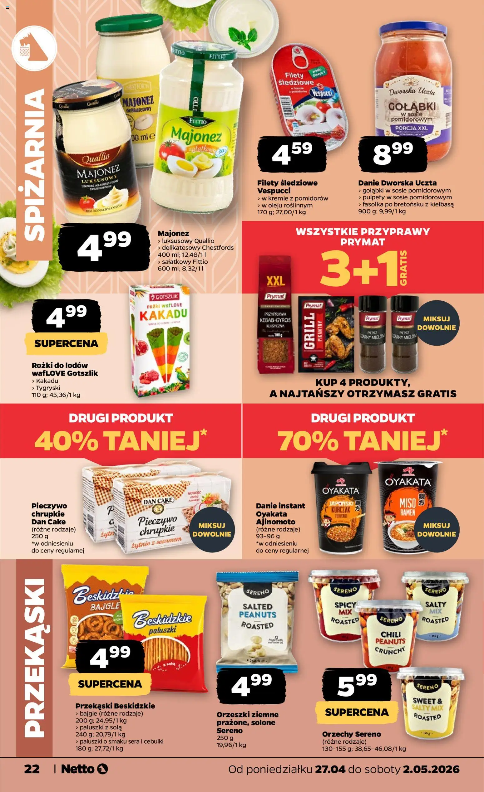 Netto gazetka od poniedziałku spożywcza od 27.04.2026 | Strona: 22 | Produkty: Kiełbasa, Kurczak, Paluszki, Majonez