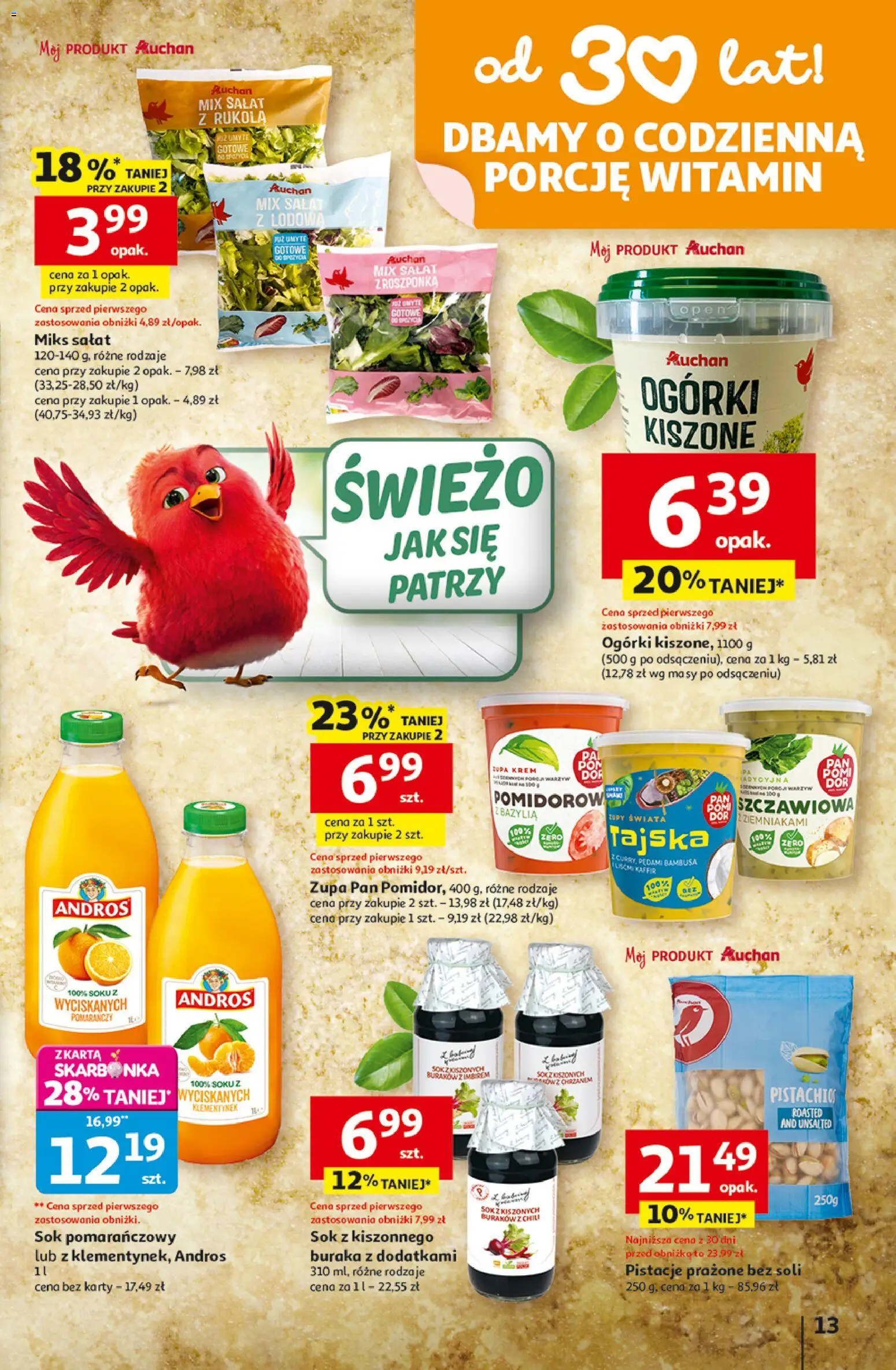 Auchan Gazetka - 30 Lat Hipermarket od 19.02.2026 | Strona: 13 | Produkty: Sok pomarańczowy, Rukola, Krem, Lody