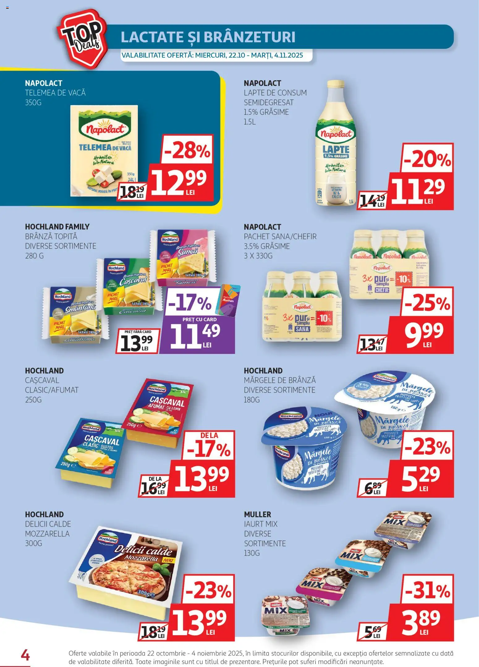 Noul catalog Auchan – valabil de la 22.10.2025 | Pagină: 4 | Produse: Mozzarella, Lapte, Brânză, Șuncă