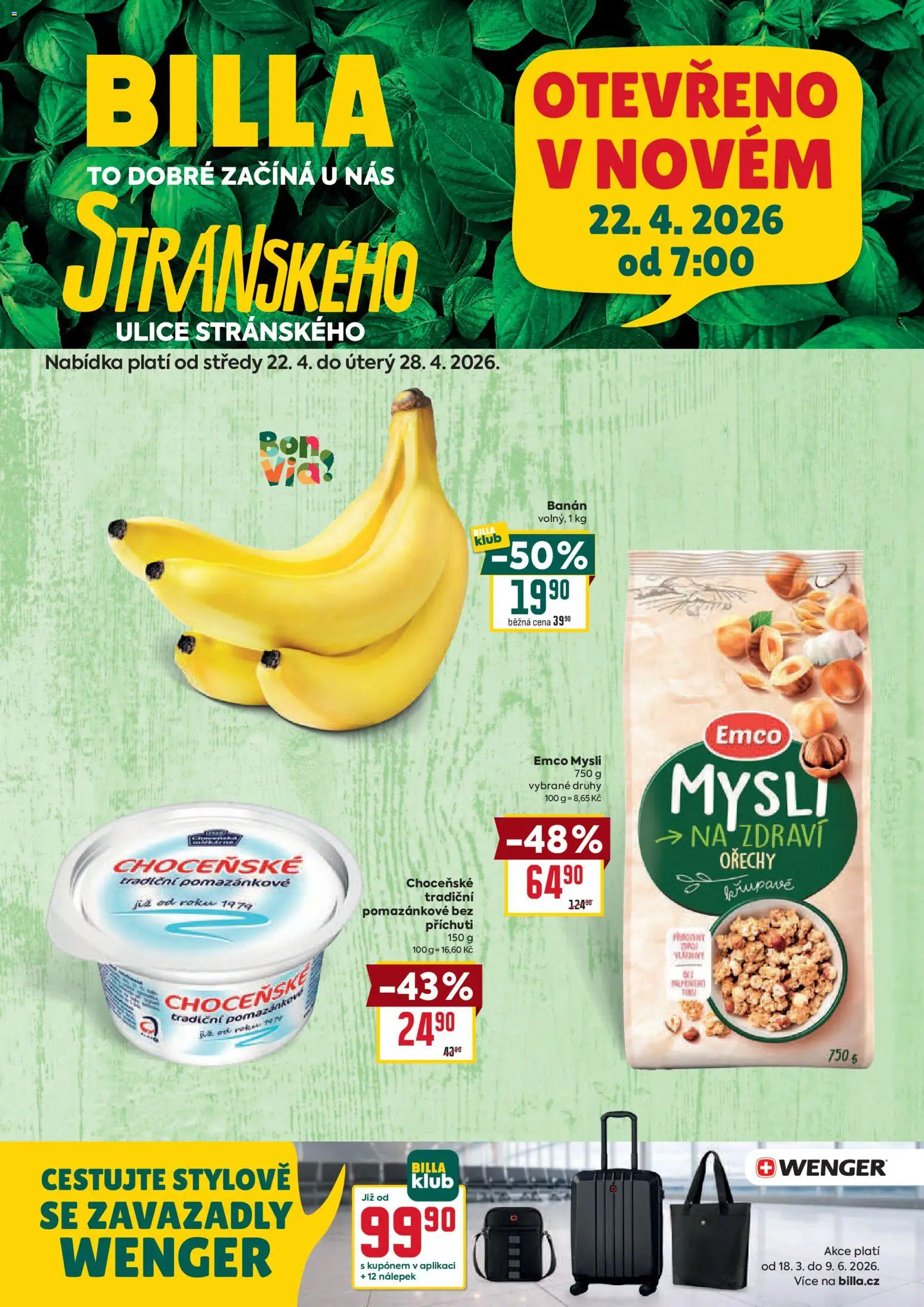 Billa leták - Brno  od 22.04.2026 | Strana: 1 | Produkty: Ořechy, Banán, Wenger, Mysli