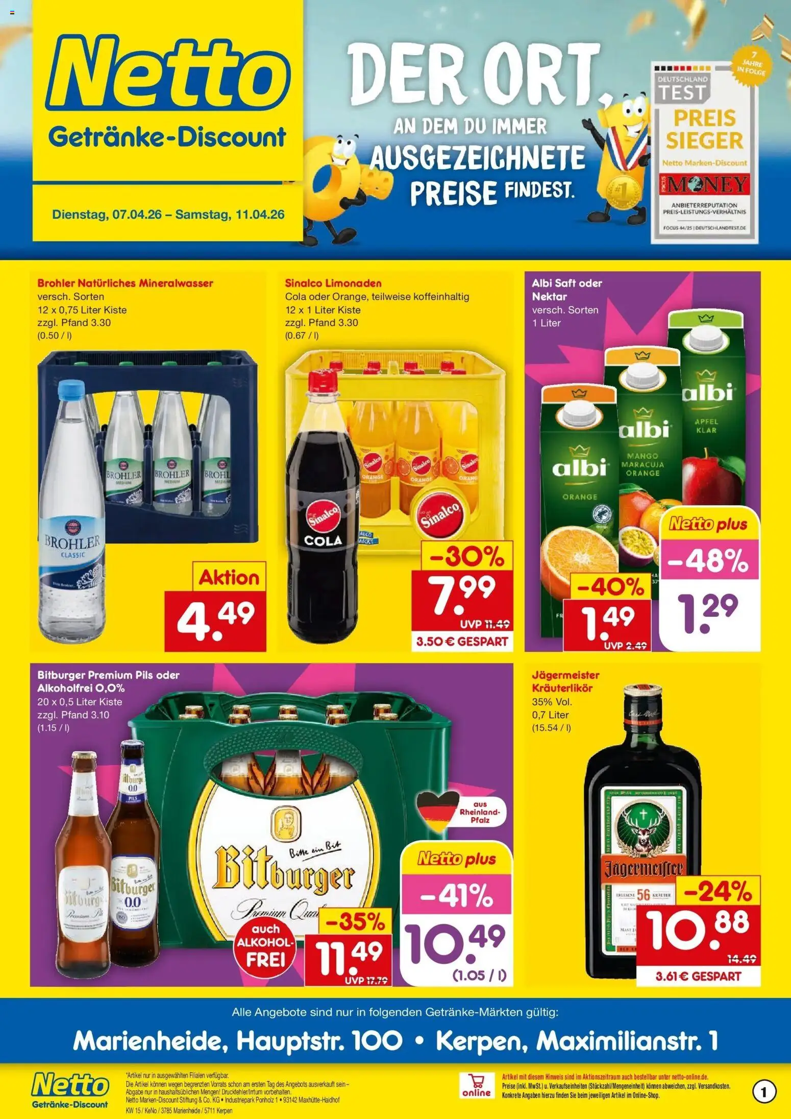 Netto Marken-Discount Prospekt Kerpen	 – gültig ab 07.04.2026 | Seite: 1 | Produkte: Sinalco, Äpfel, Mineralwasser, Jägermeister