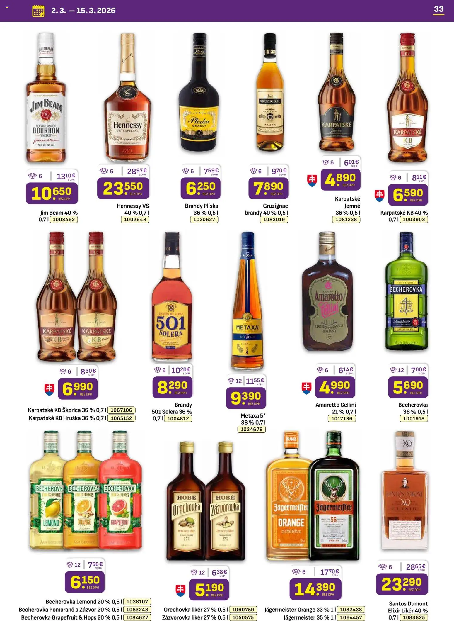 Nové Libex akcie – leták je platný od 02.03.2026 | Strana: 33 | Produkty: Becherovka, Metaxa, Bourbon, Grapefruit