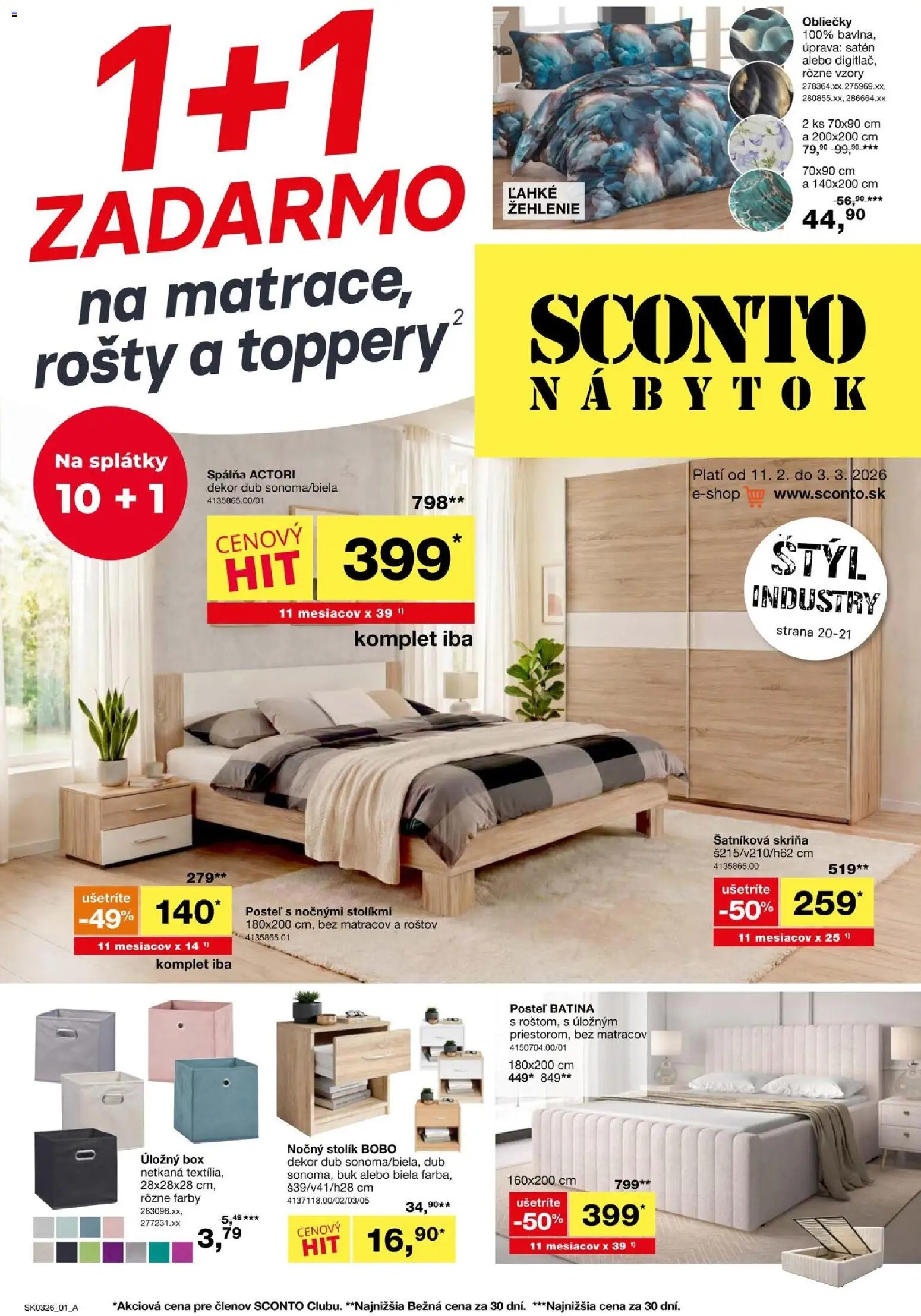 Nové Sconto nábytok akcie – leták je platný od 11.02.2026 | Strana: 1 | Produkty: Nábytok, Posteľ, Obliečky, Šatníková skriňa