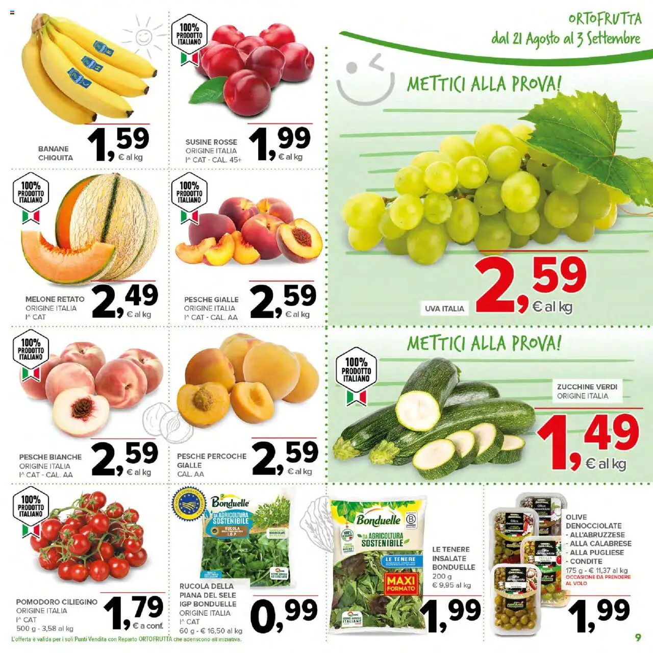 Volantino Todis del 21.08.2025 | Pagina: 9 | Prodotti: Banane, Uva, Zucchine, Susine