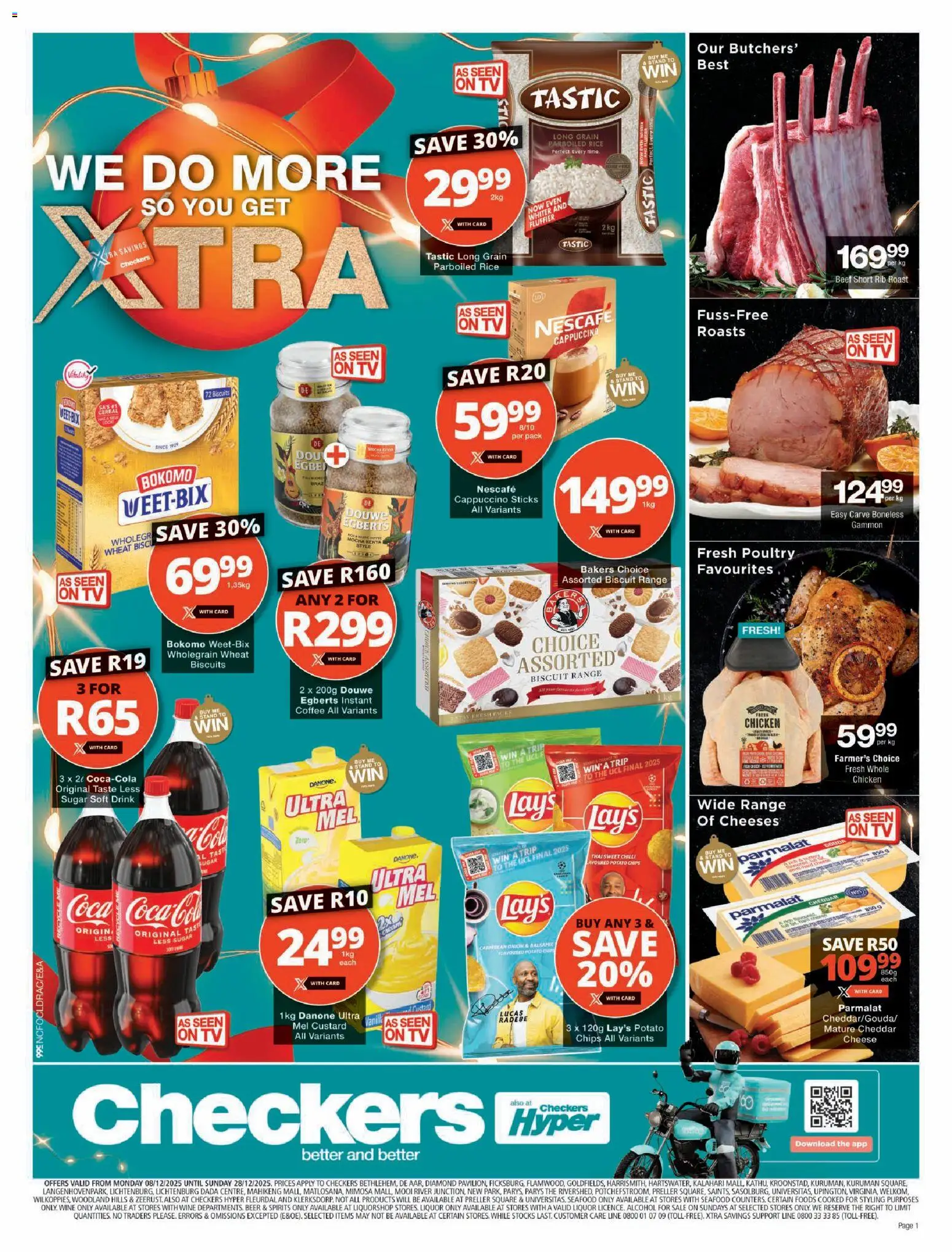 New Checkers catalogue – valid from 08.12.2025 | Page: 1 | Products: Custard, Limpiador íntimo, Beer, Chicken