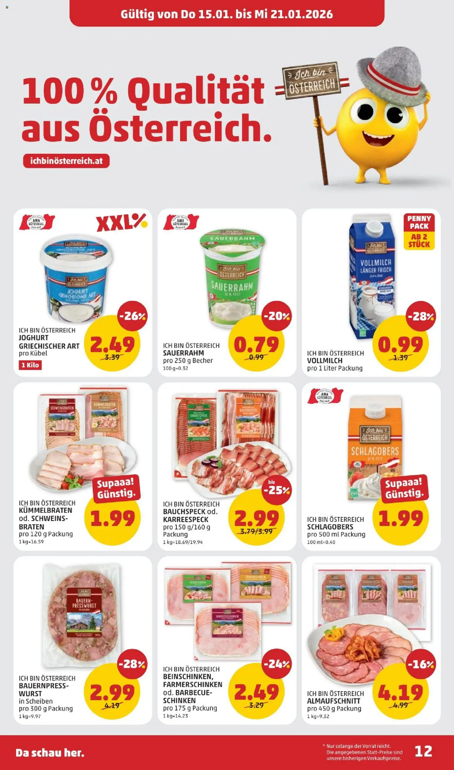Penny Markt Flugblatt gültig ab 15.01.2026 | Seite: 12 | Produkte: Wurst, Joghurt, Schinken, Sauerrahm