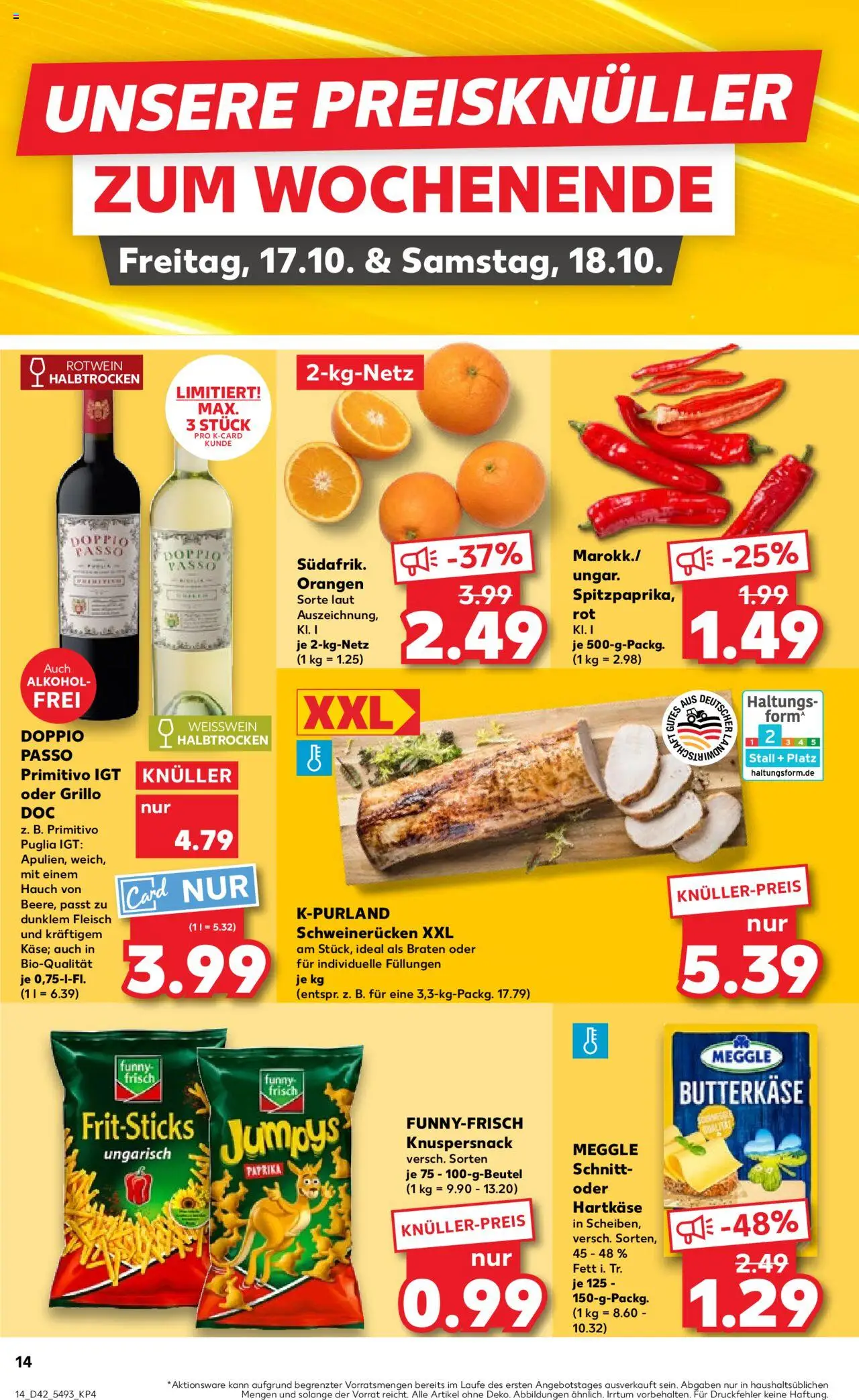 Kaufland prospekt Speyer	 – gültig ab 16.10.2025 | Seite: 14 | Produkte: Rotwein, Rotwein halbtrocken, Doppio passo primitivo, Schweinerucken